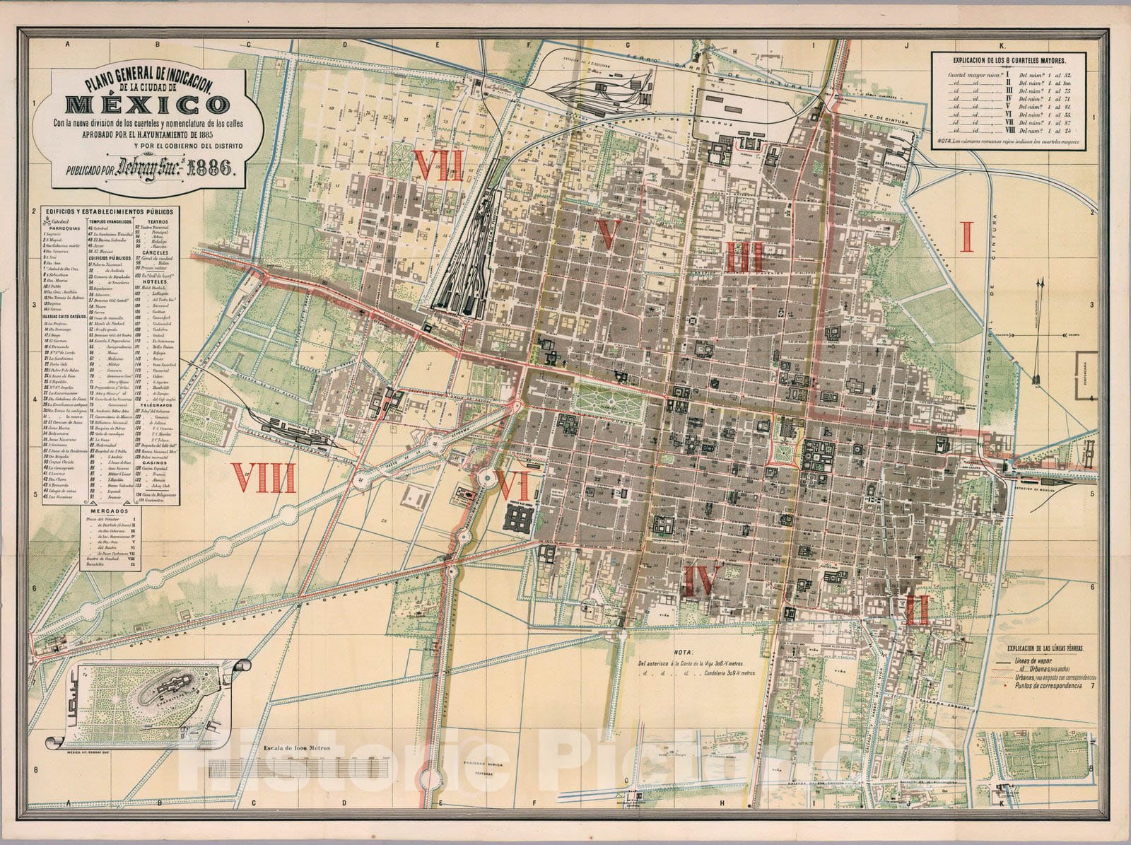Historic Map : Mexico , City (Mexico), Guide Book, Plano general de indicacion de la Ciudad de Mexico 1886 , Vintage Wall Art