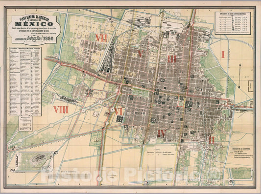 Historic Map : Mexico , City (Mexico), Guide Book, Plano general de indicacion de la Ciudad de Mexico 1886 , Vintage Wall Art