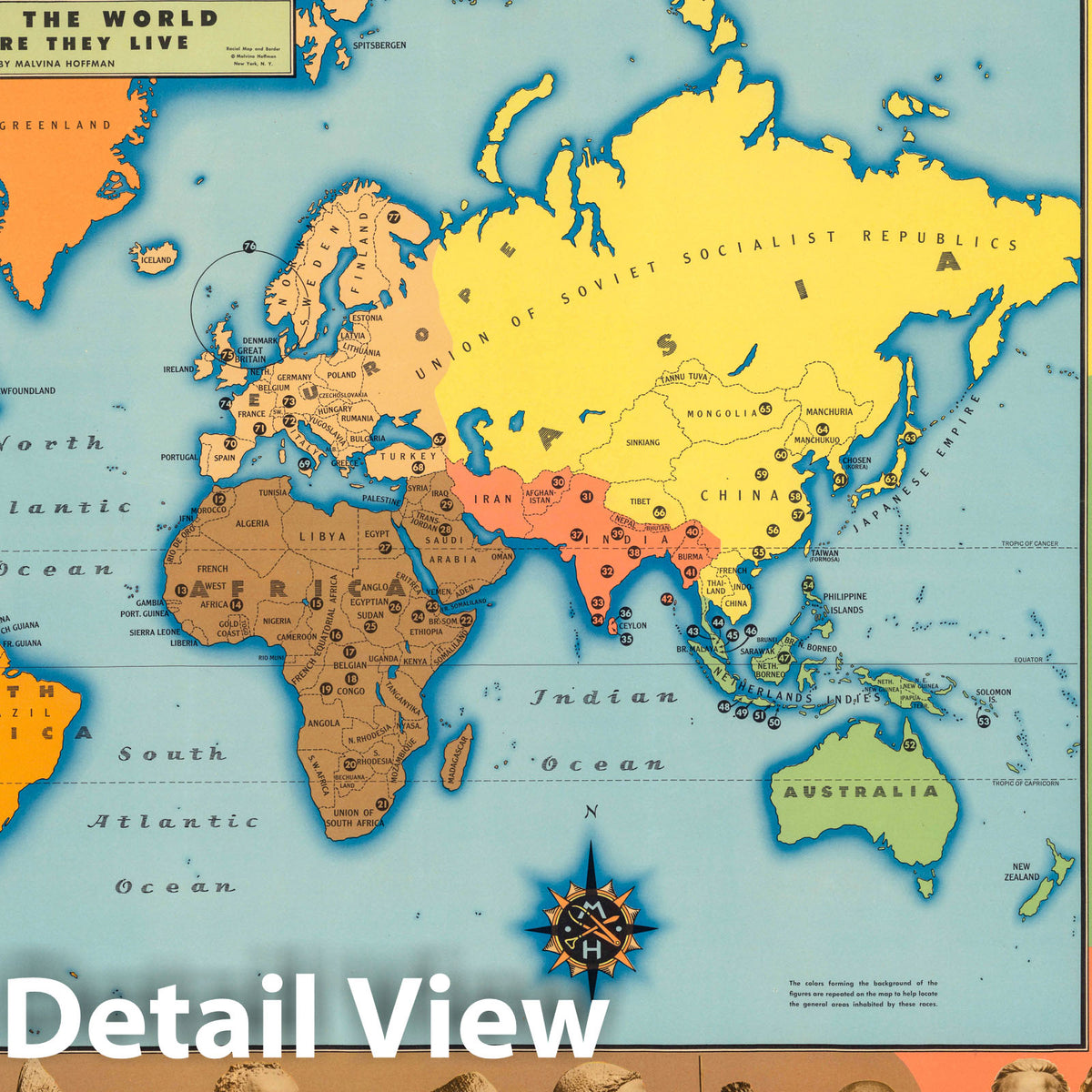 World Races and Distribution - Pictorial Map, 1944 - Historical Map Reproduction