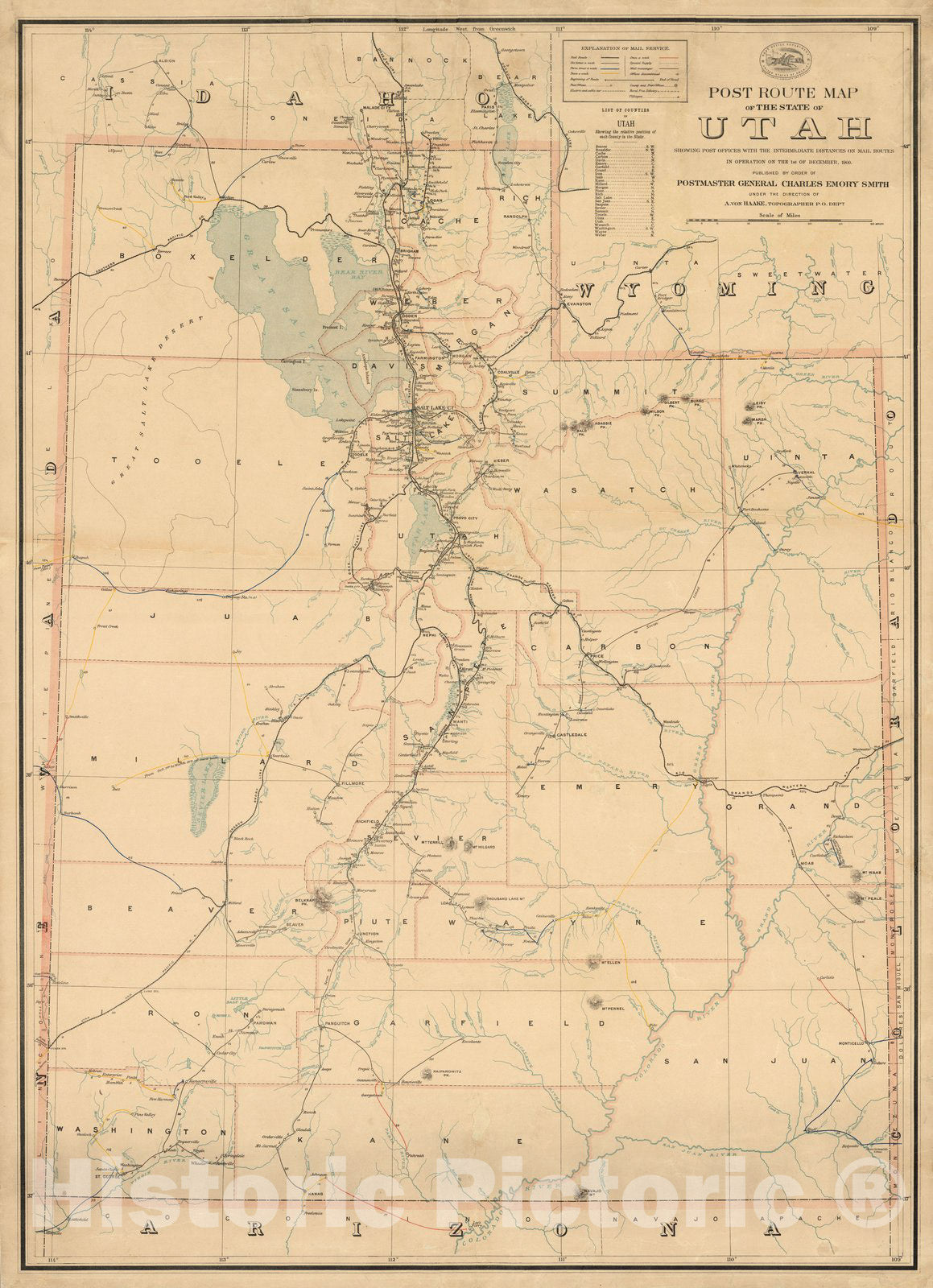 Historic Map : Post route map of the state of Utah, 1900 - Vintage Wall Art