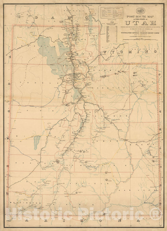 Historic Map : Post route map of the state of Utah, 1900 - Vintage Wall Art