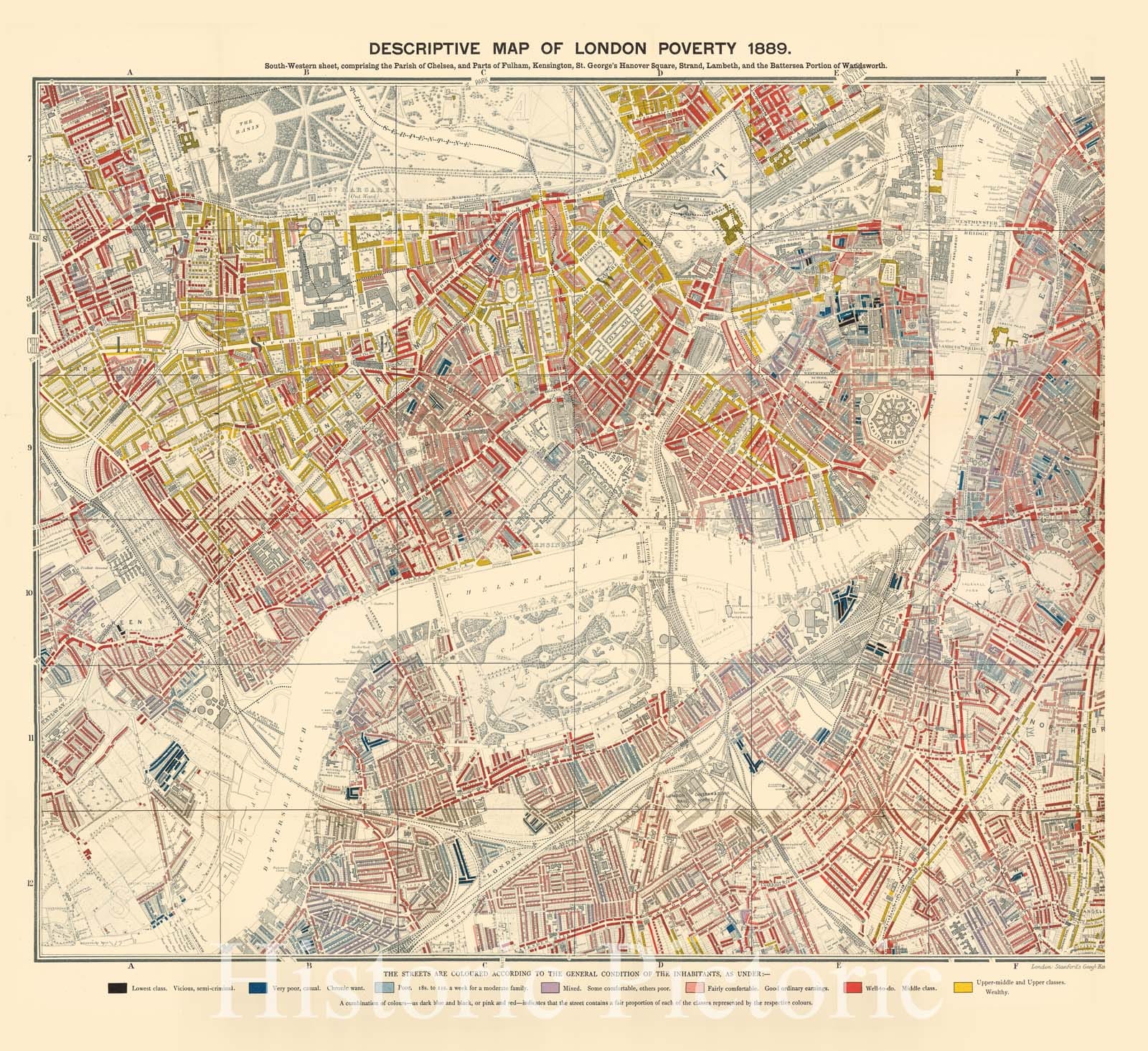 Historic Map : Descriptive map of London poverty. South-Western sheet, 1889 - Vintage Wall Art