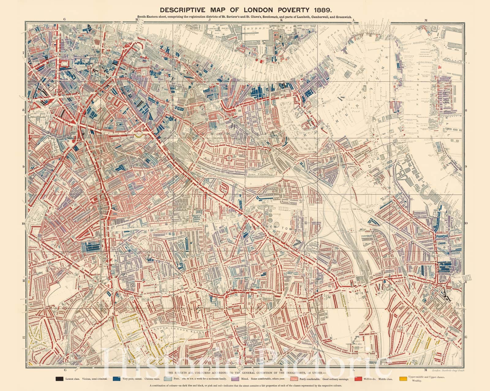 Historic Map : Descriptive map of London poverty. South-Eastern sheet, 1889 - Vintage Wall Art