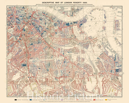 London South-Eastern Poverty Map 1889 - Historical Map Print