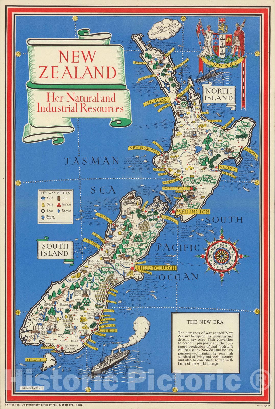 Historic Map - New Zealand Her Natural and Industrial Resources, 1943, George MacDonald - Vintage Wall Art
