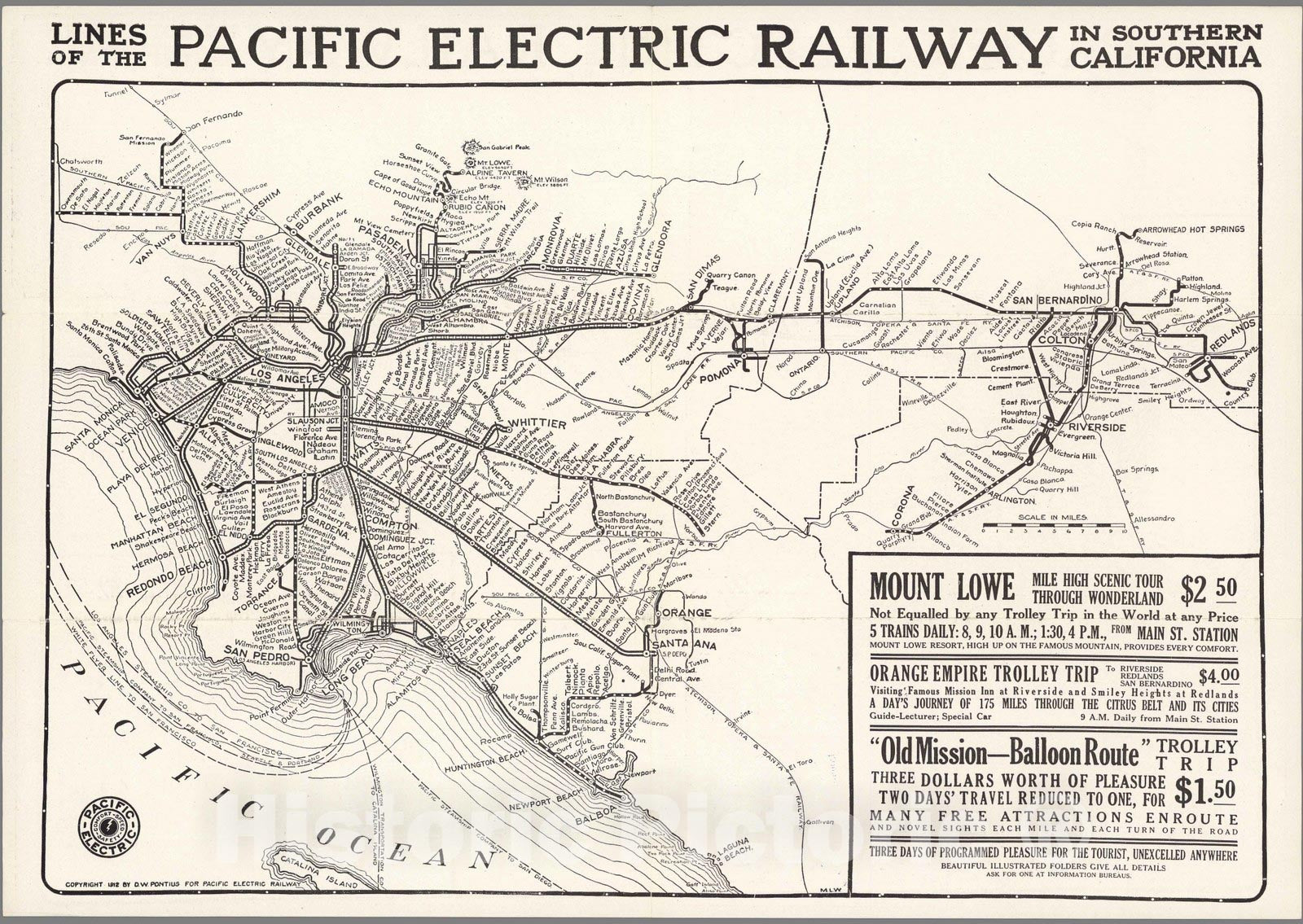 Historic Map : Lines of the Pacific Electric Railway In Southern California, 1912, D.W. Pontius, Vintage Wall Art