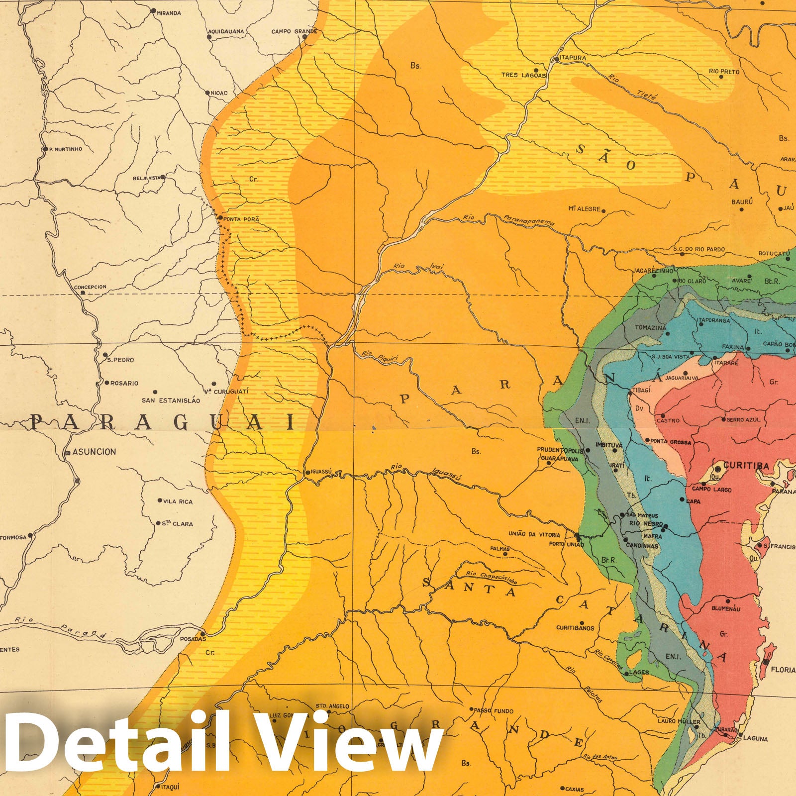 Southern Brazil - Geologic Map, 1934 - Historical Geological Map Print