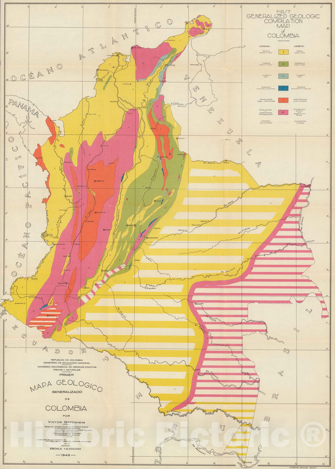 Colombia - Geologic Map, 1943 - Historical Map Print