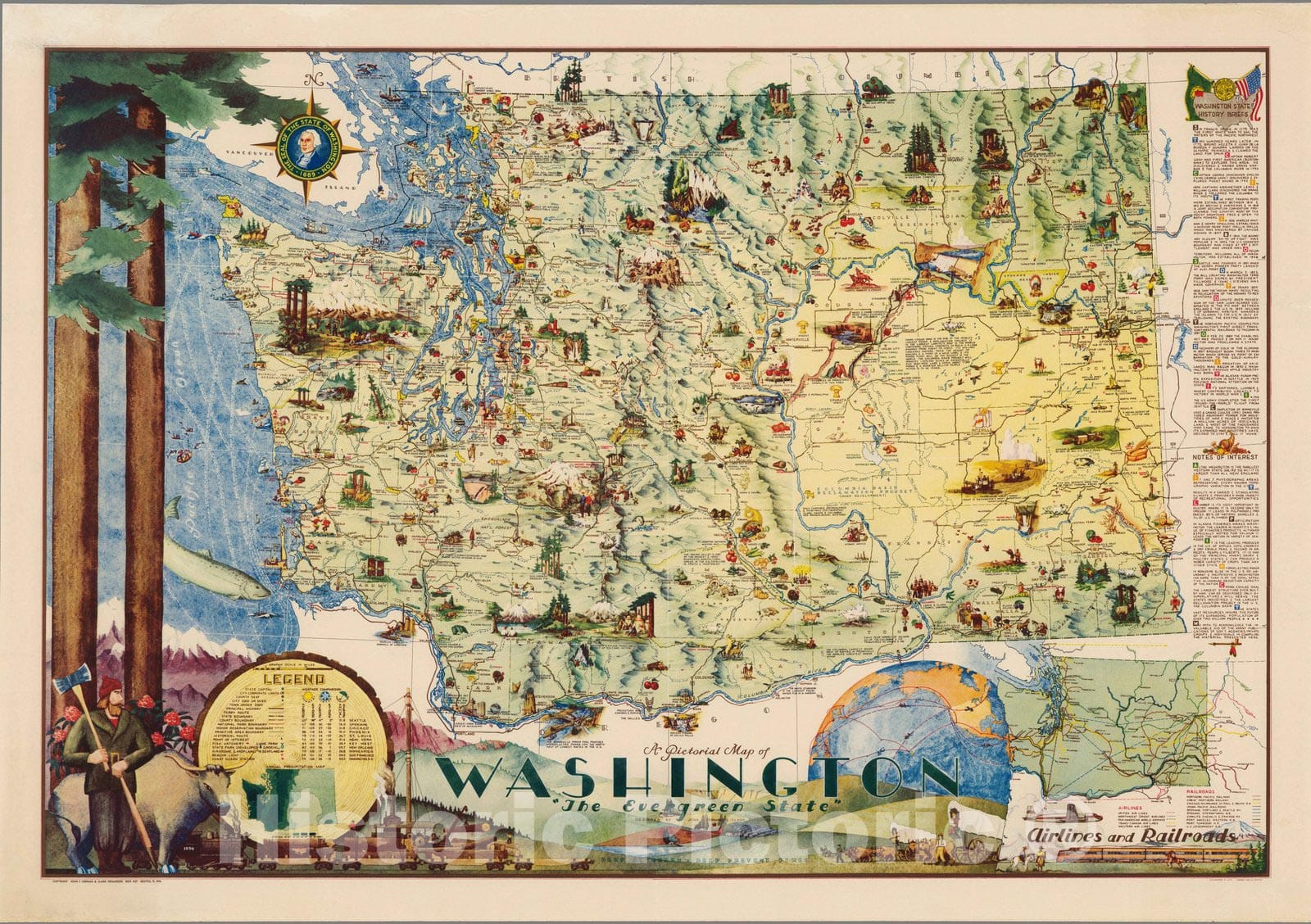 Washington - Pictorial Map, 1948 - Historical Map Print