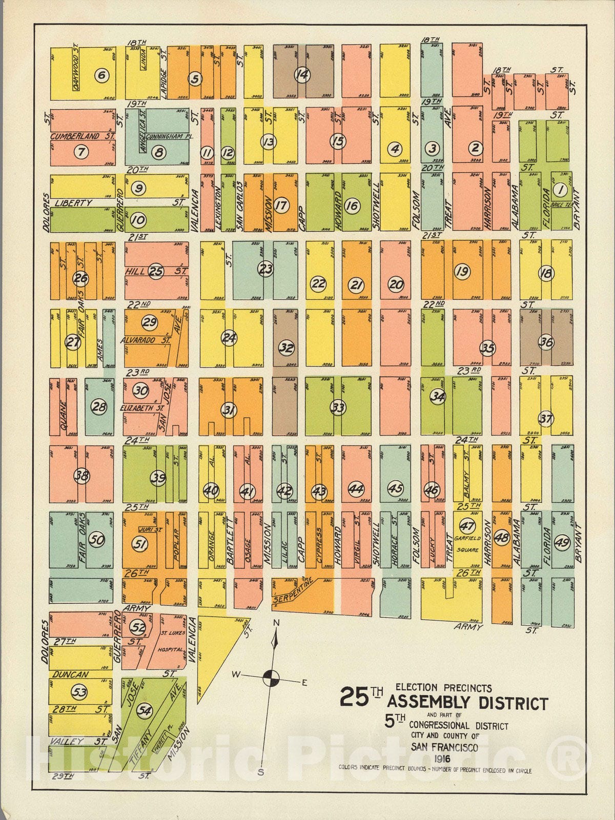 Historic Wall Map : Election Precincts. 25th Assembly District and Part of 5th Congressional District. 1916 - Vintage Wall Art