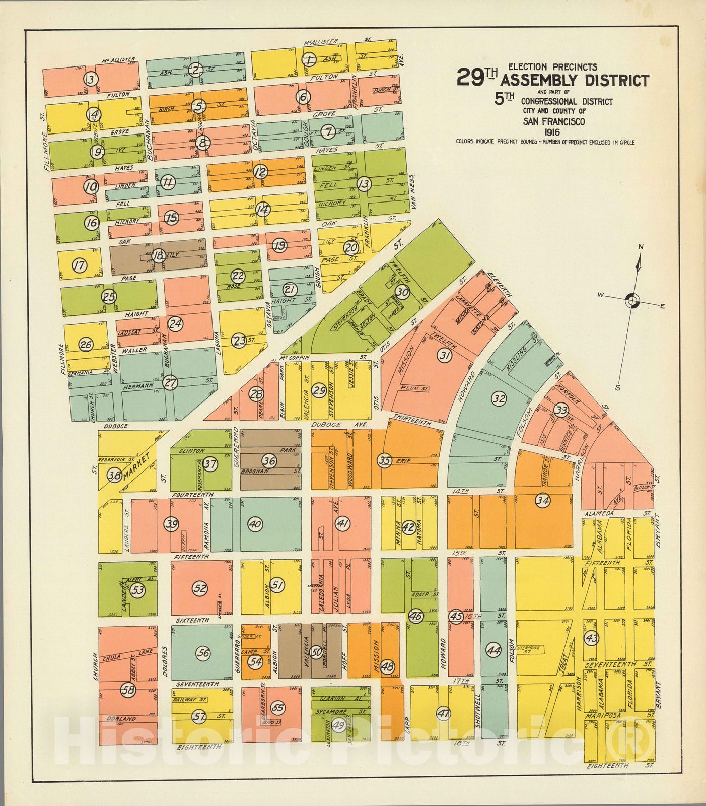 Historic Map : Election Precincts. 29th Assembly District and Part of 5th Congressional District. 1916 - Vintage Wall Art