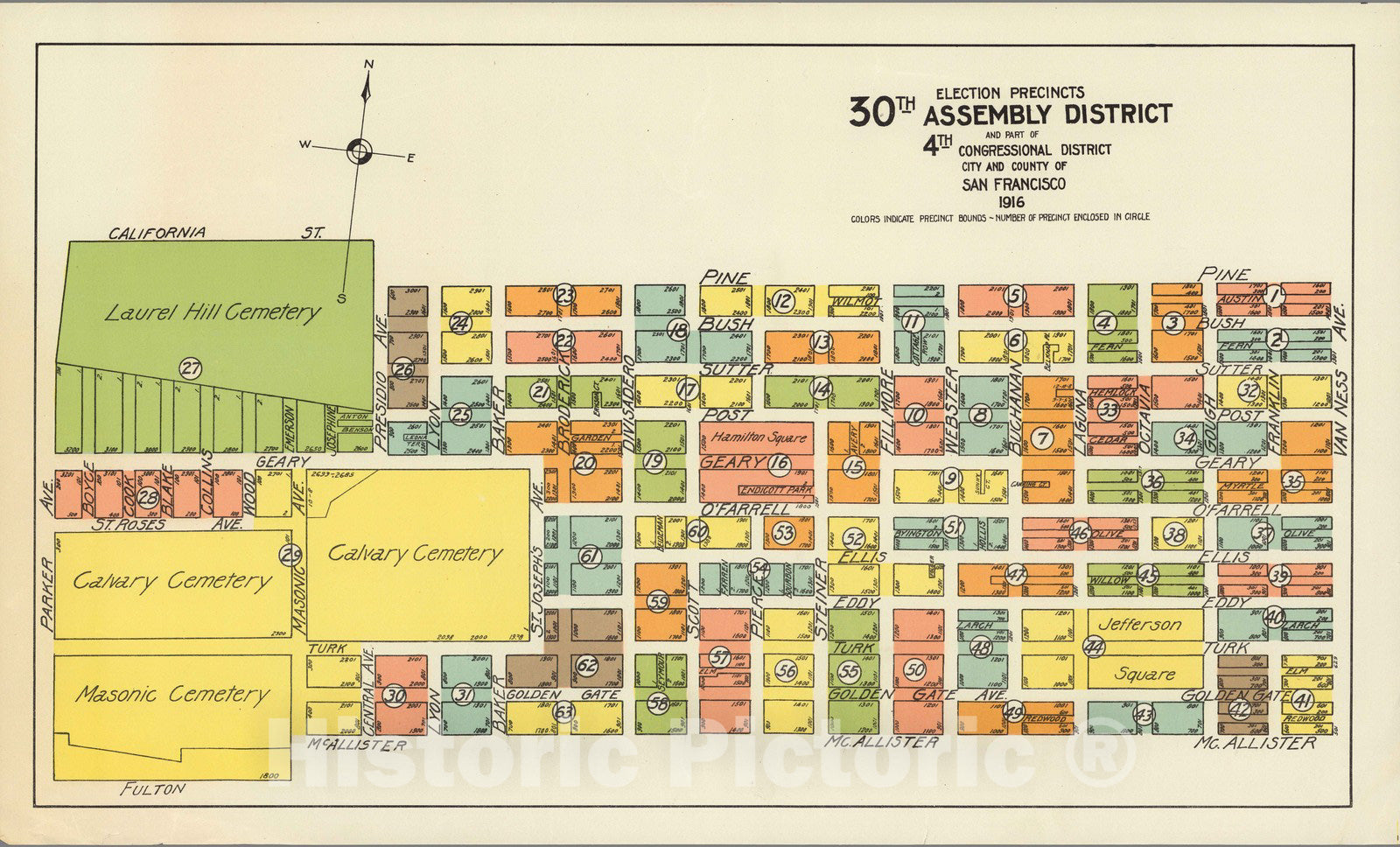 Historic Map : Election Precincts. 30th Assembly District and Part of 4th Congressional District. 1916 - Vintage Wall Art