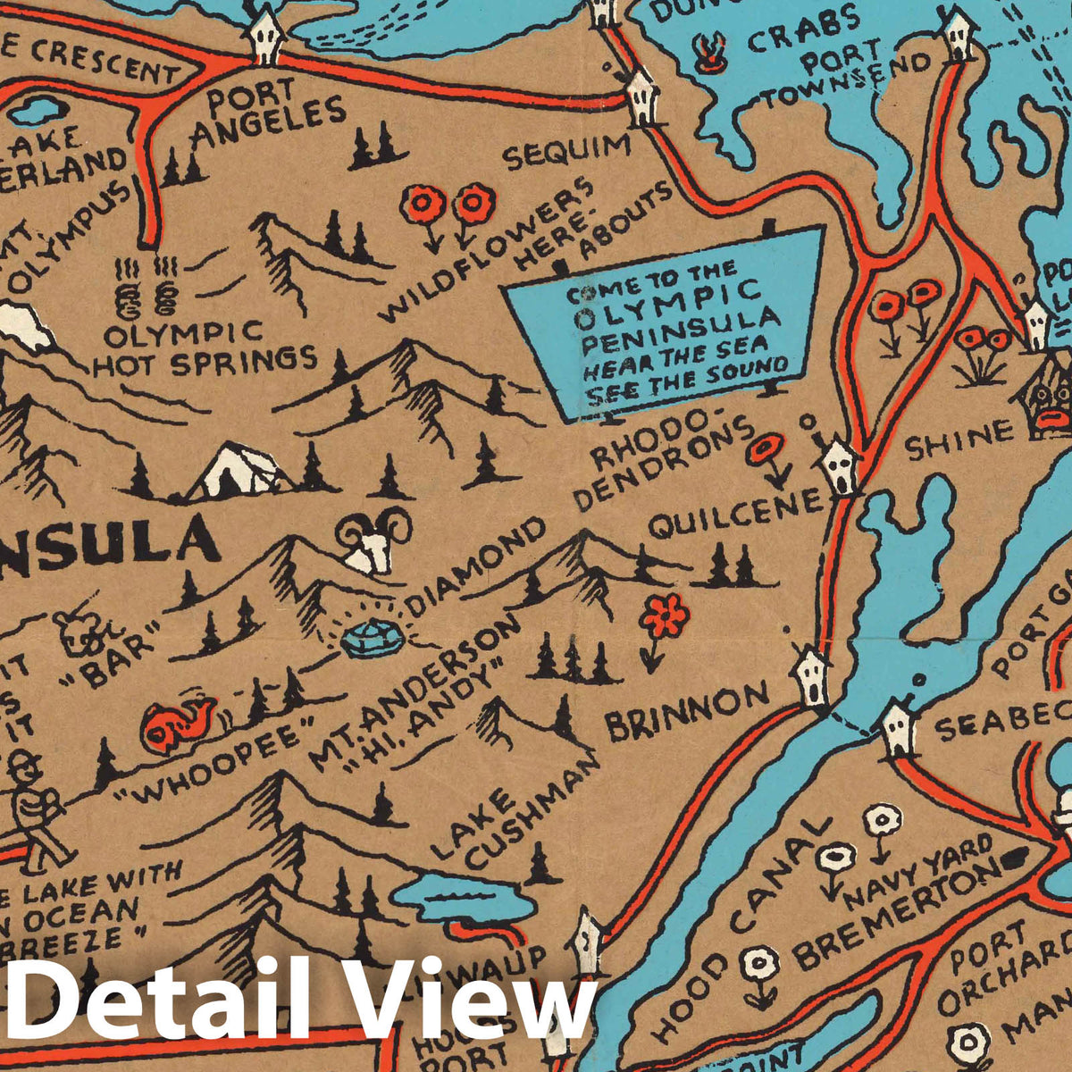 Olympic Peninsula and Puget Sound, Washington - Pictorial Map, 1934