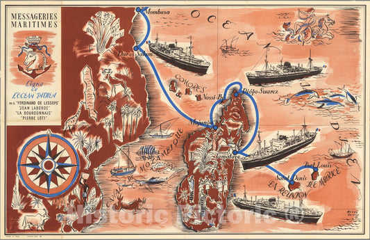 Historic Map : Madagascar, Messageries Maritimes. 1950 , Vintage Wall Art