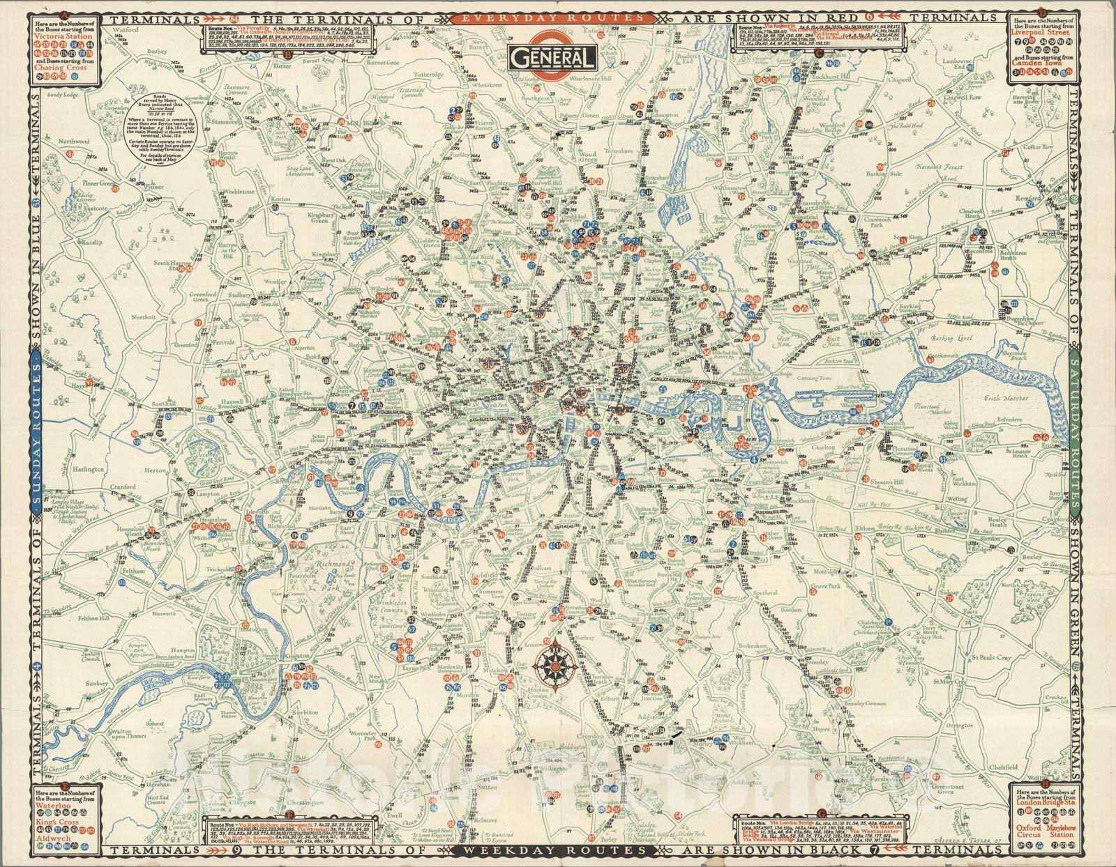 Historic Map : Map of the General Omnibus routes. No. 4, 1928 - Vintage Wall Art