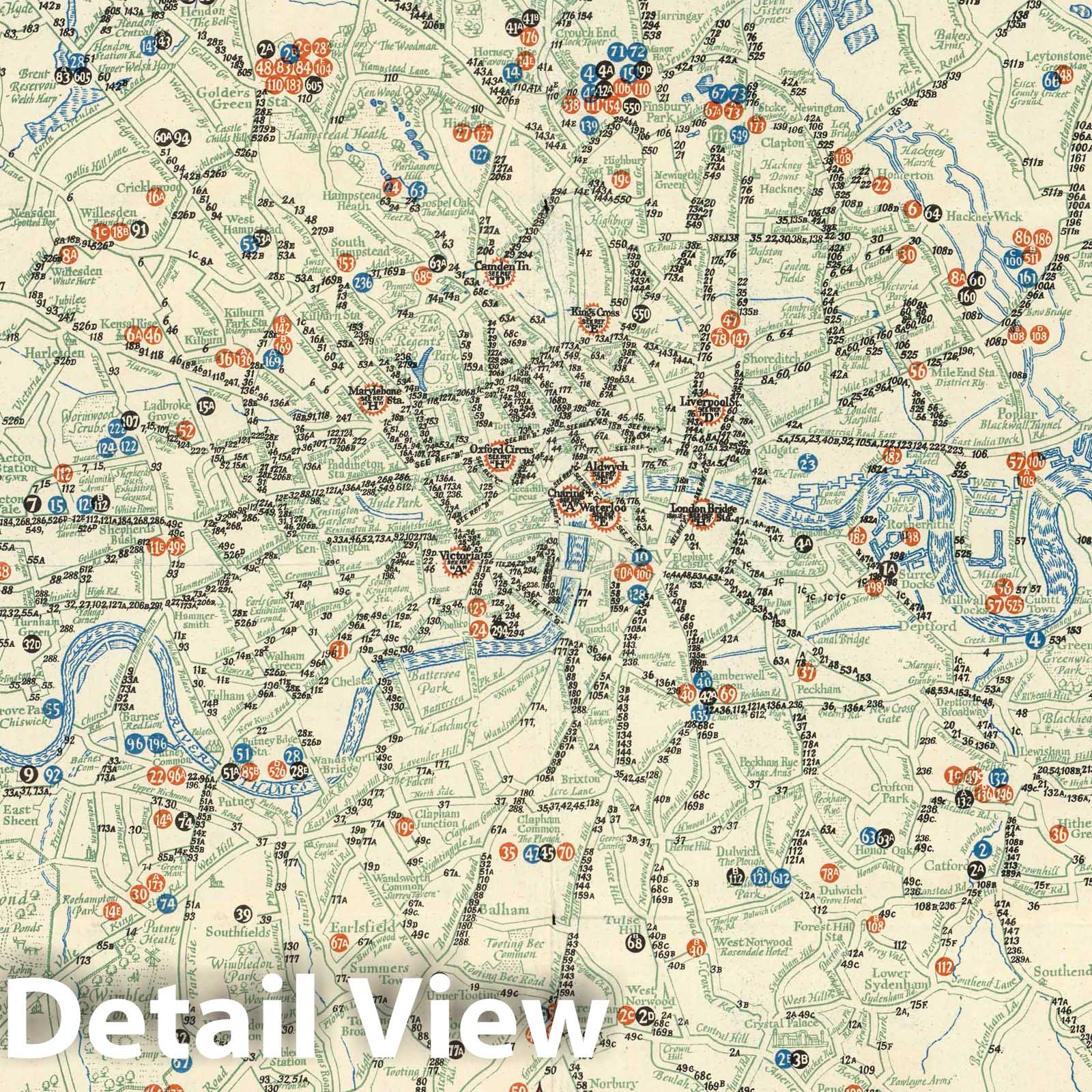 Map of the General Omnibus routes - London, 1928 - Historical Bus Route Map Print