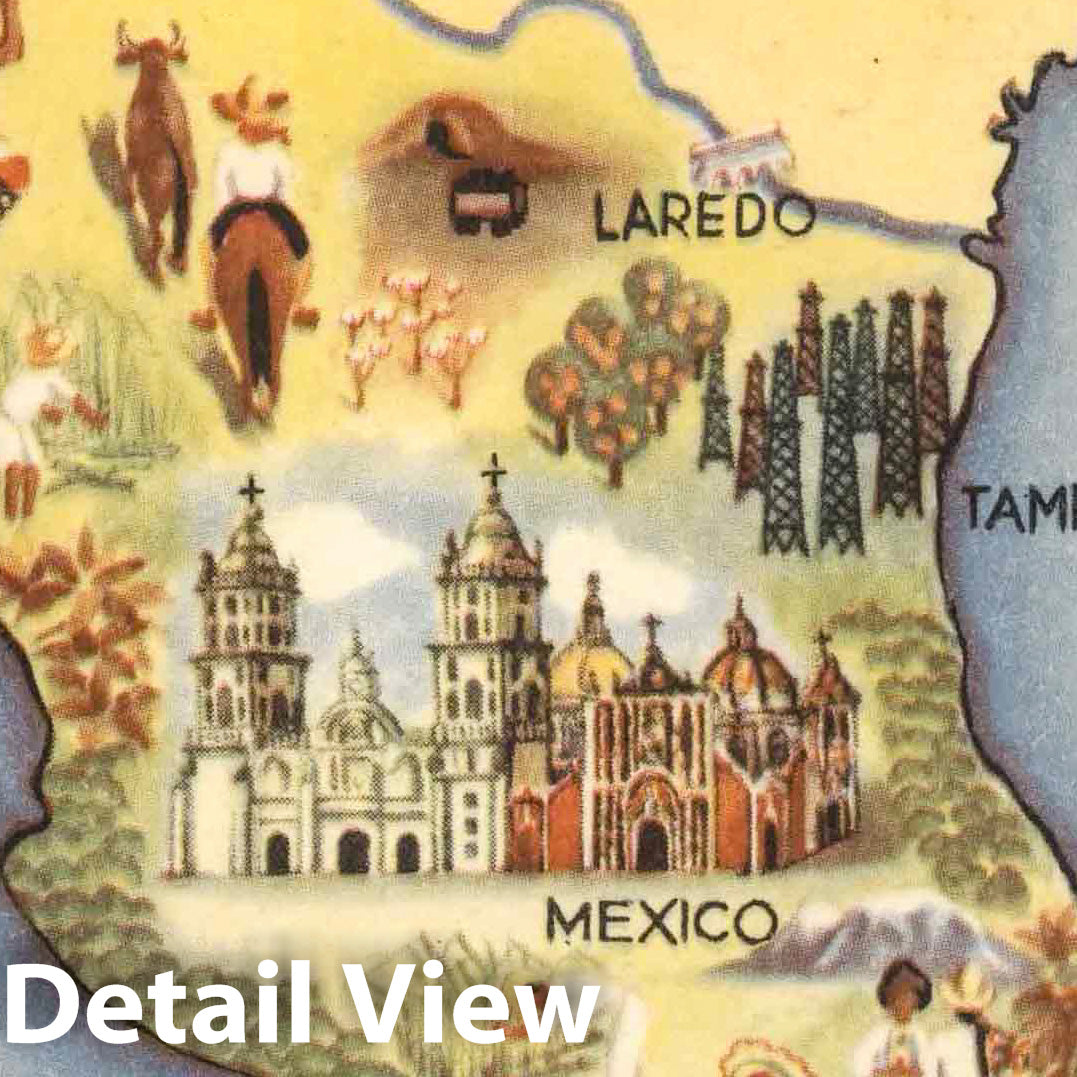Mexico - Pictorial Map, 1930 - Historical Map Print