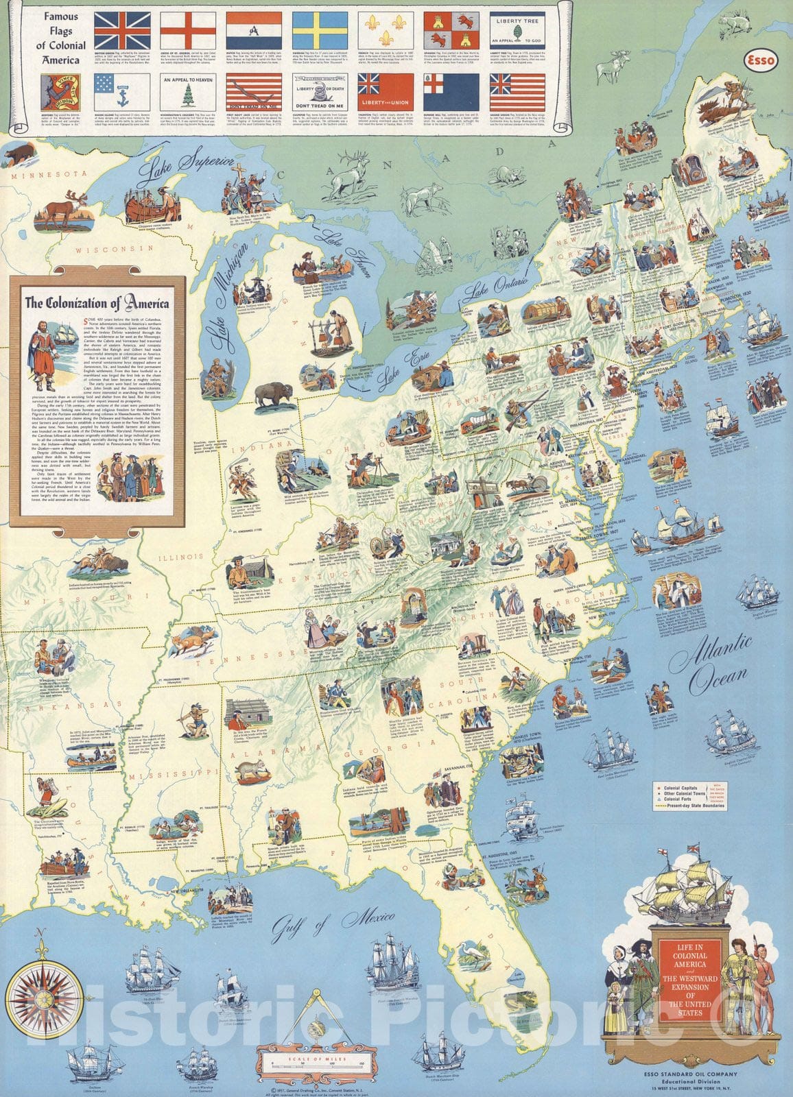 United States - Pictorial Map, 1958 - Colonial America & Westward Expansion