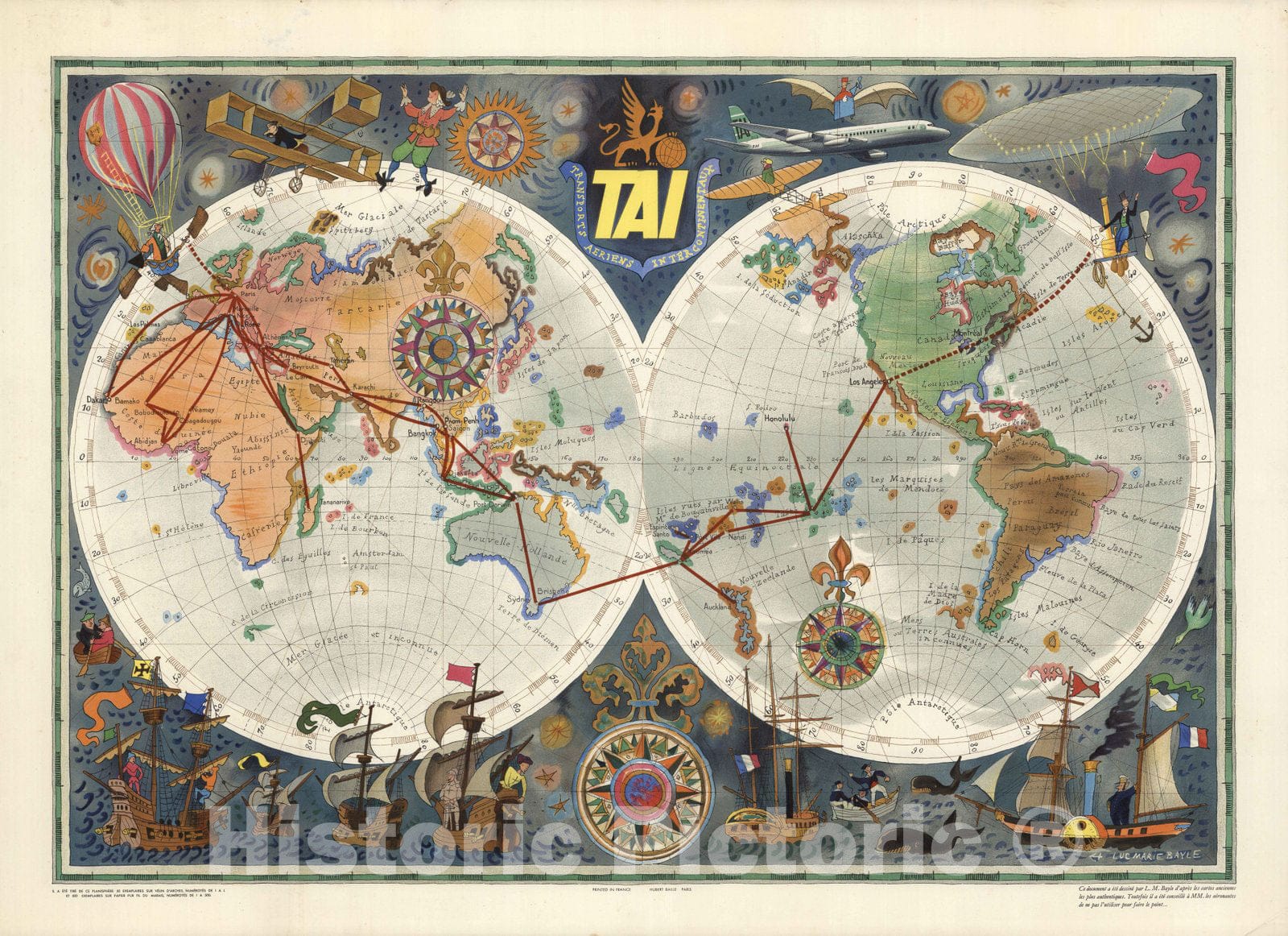 Historic Map : TAI : Transport Aeriens Internationaux. Luc Marie Bayle 1960 - Vintage Wall Art