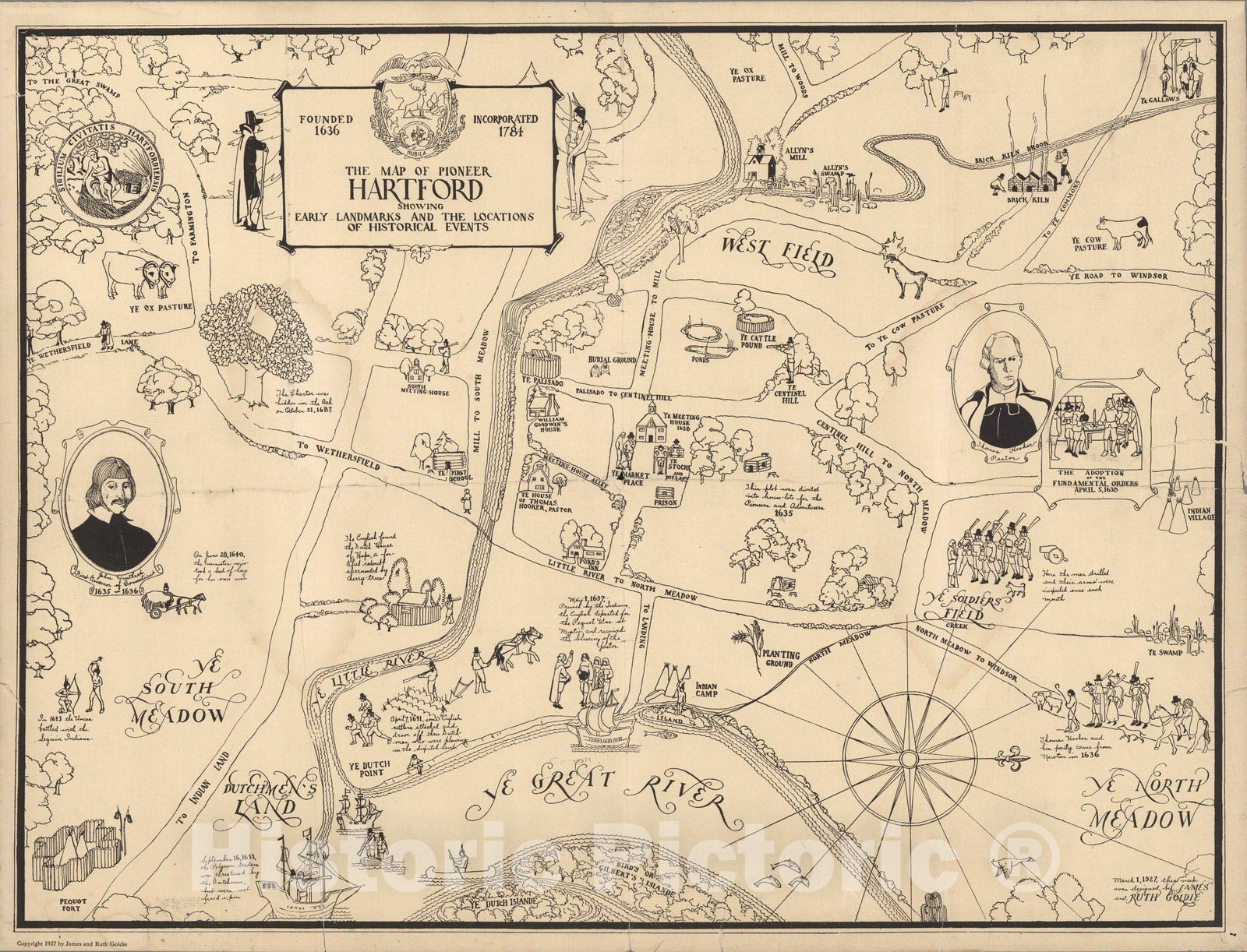 Historic Map : Map of pioneer Hartford : Founded 1636, incorporated 1784 - Vintage Wall Art