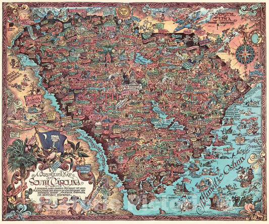 Historic Map - A Caricature Map of South Carolina, 1969, - Vintage Wall Art
