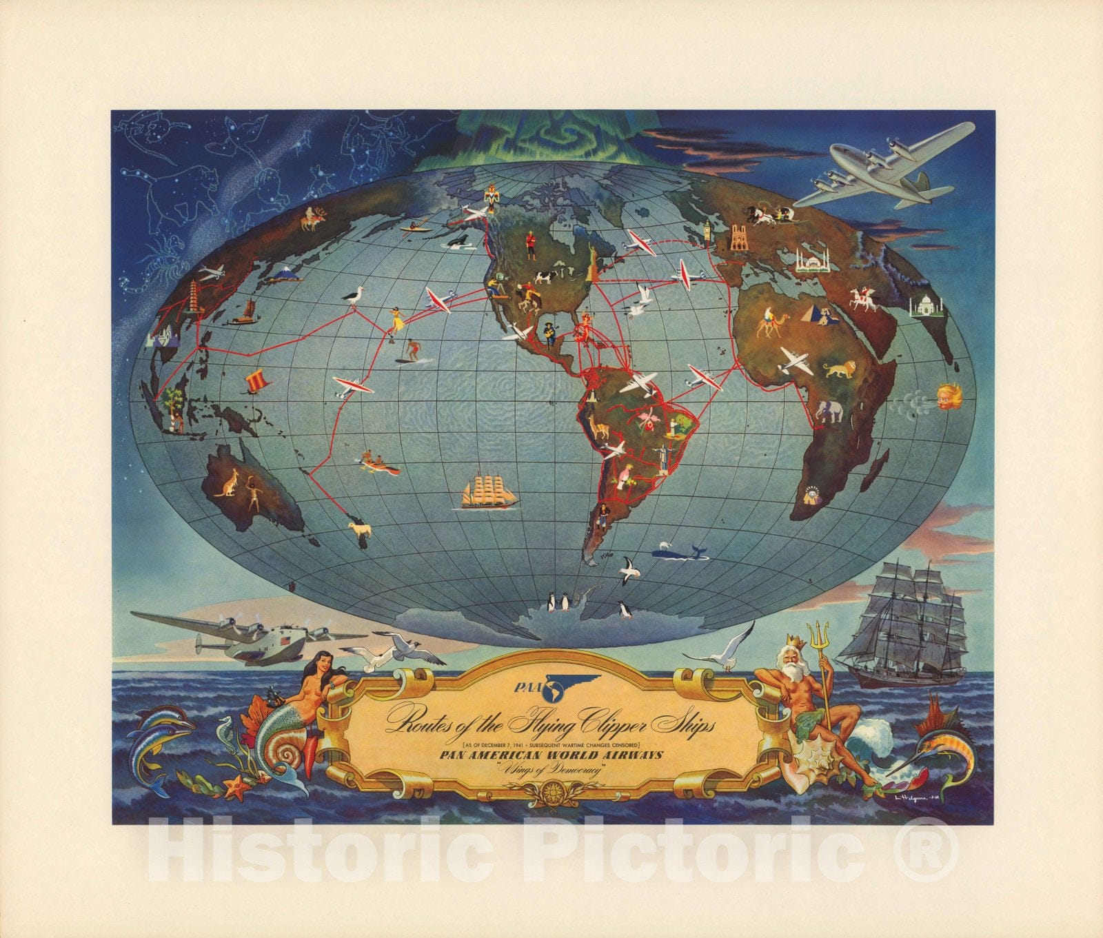 Historic Map : Routes of the Flying Clipper Ships. 1941 v2 - Vintage Wall Art