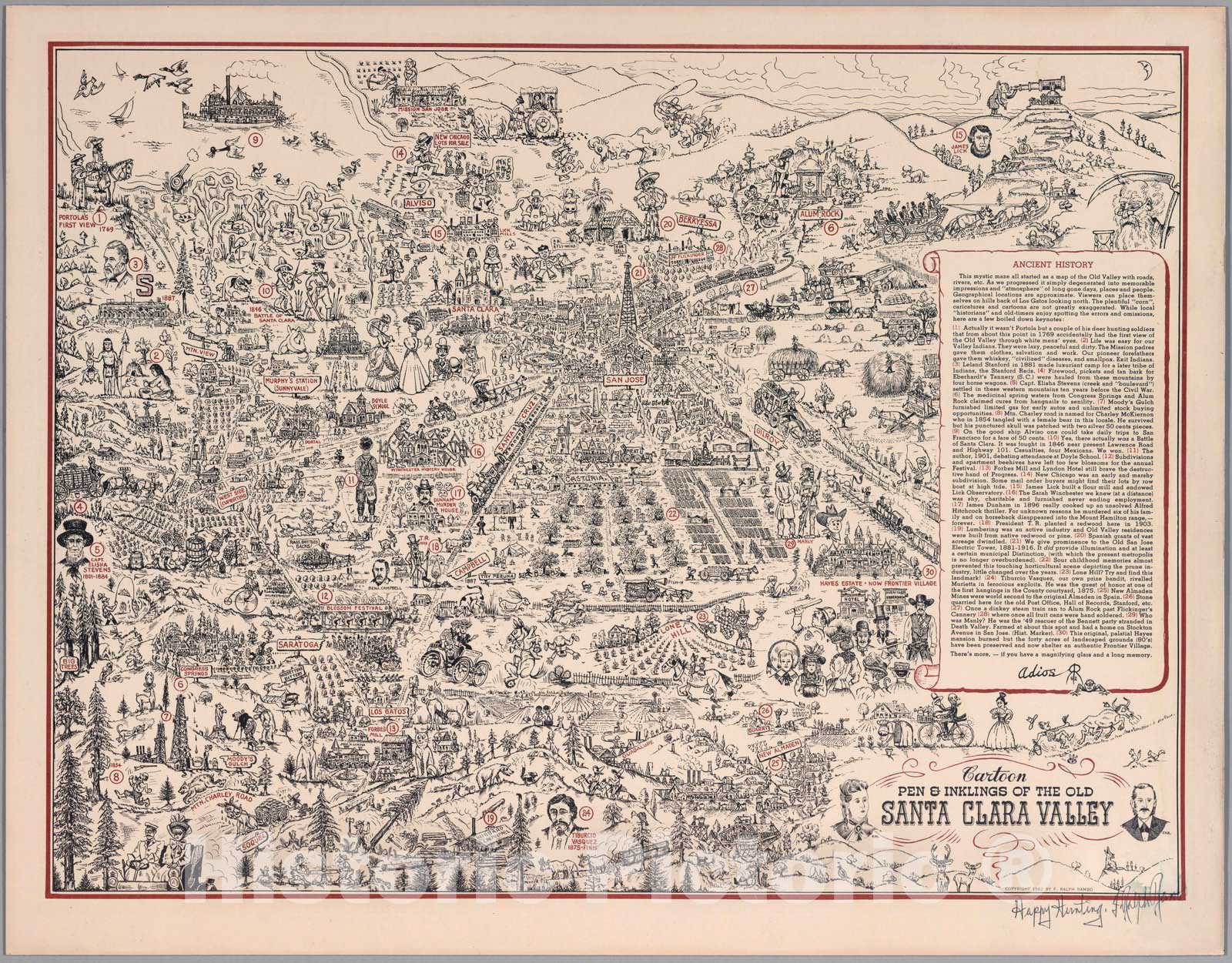 Historic Map : Cartoon Pen & Inklings of the Old Santa Clara Valley. 1962 - Vintage Wall Art