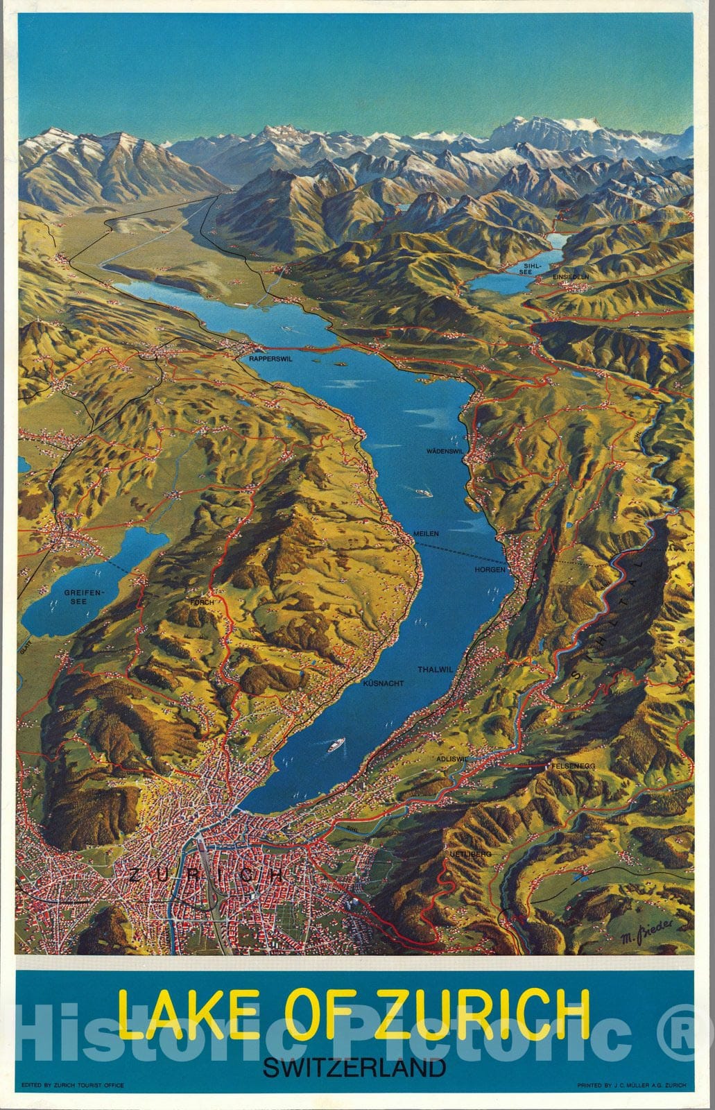 Historic Map - Lake of Zurich, Switzerland. 1935 - Vintage Wall Art