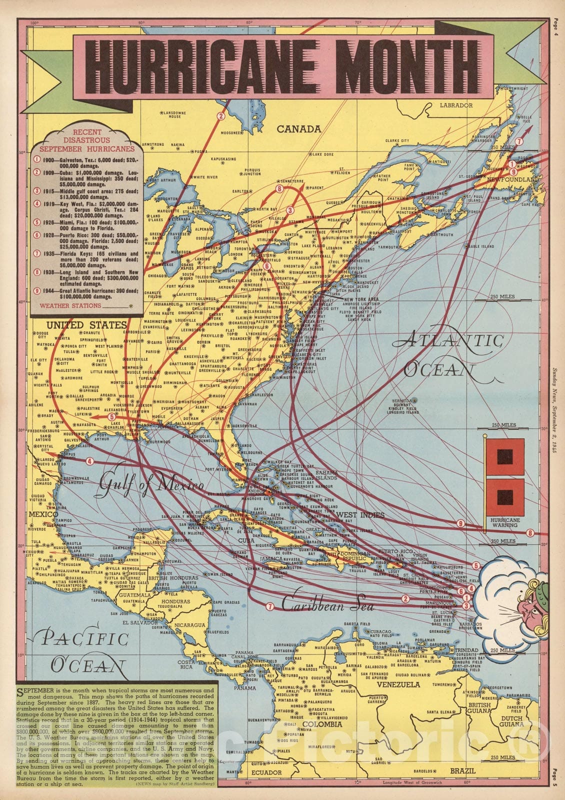 Historic Map - Hurricane Month. 1945 - Vintage Wall Art
