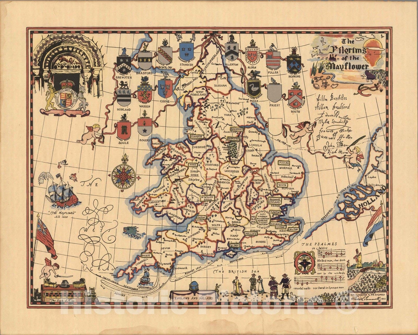 England and Holland - Pictorial Map, 1936 - Mayflower Voyage Print