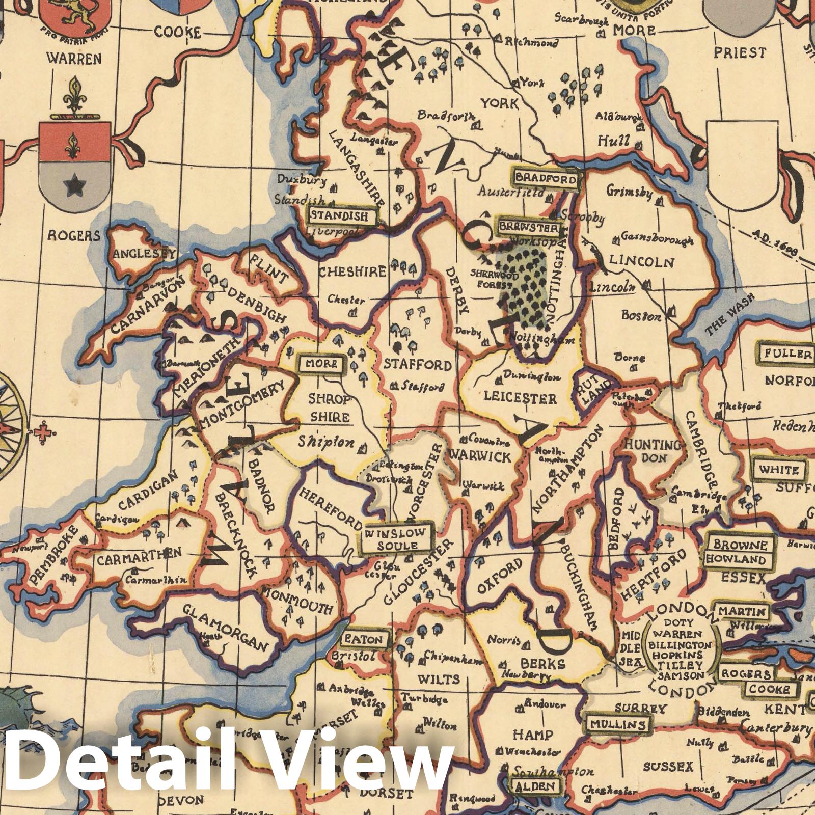 England and Holland - Pictorial Map, 1936 - Mayflower Voyage Print