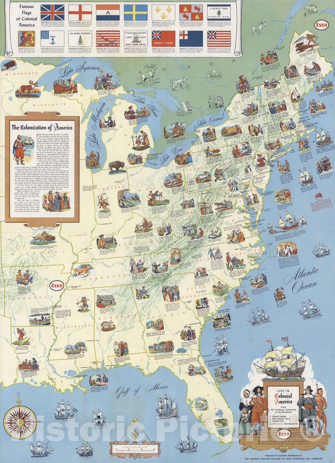 Historic Map : Life in Colonial America From the Landing at Jamestown to the Revolution. 1957 - Vintage Wall Art