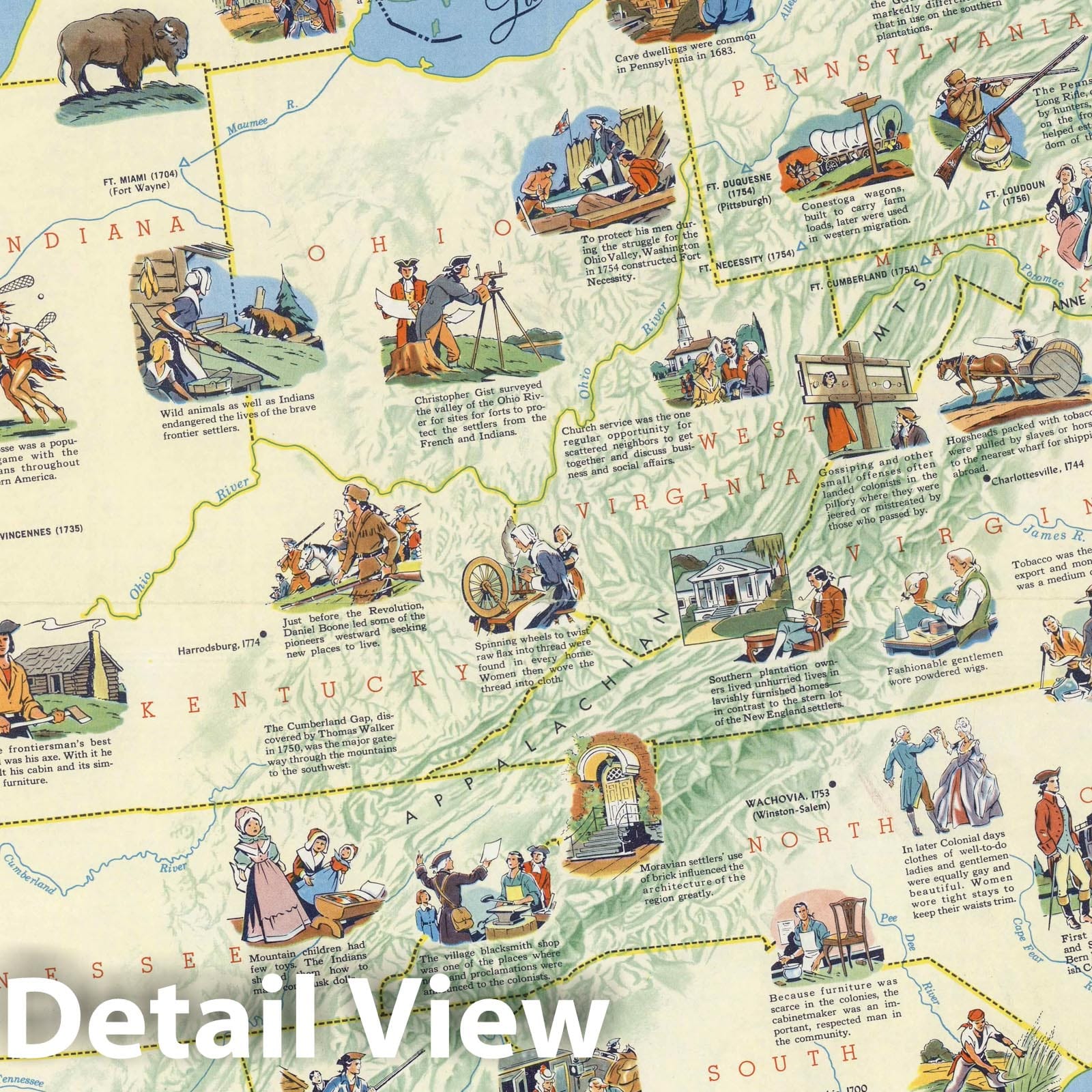 Historic Map : Life in Colonial America From the Landing at Jamestown to the Revolution. 1957 - Vintage Wall Art