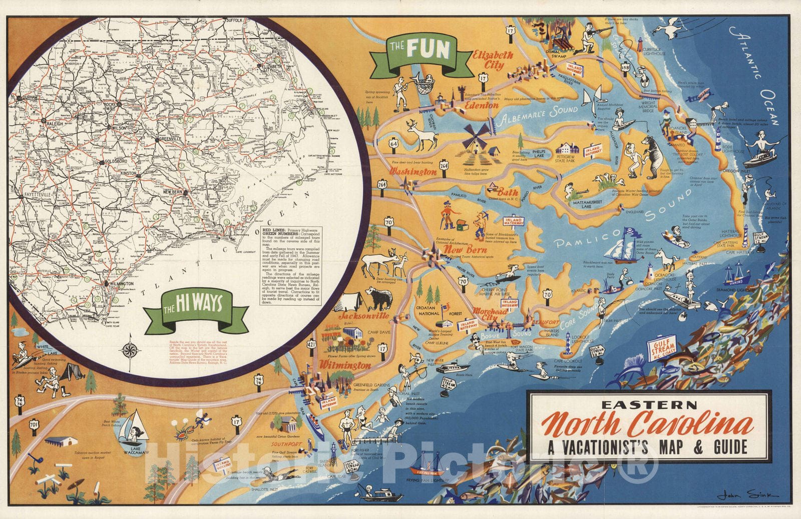 Historic Map : Eastern North Carolina, A Vacationist's Map & Guide. The Fun. The Hi Ways, 1948 - Vintage Wall Art