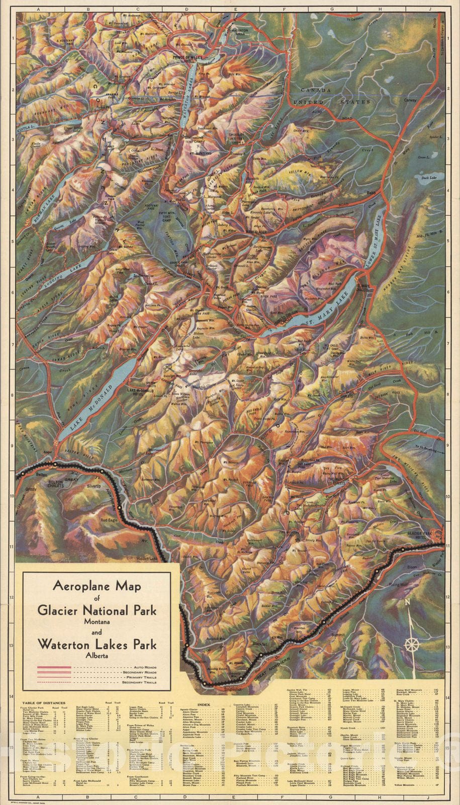 Glacier National Park, Montana and Waterton Lakes Park, Alberta - Railroad Map, 1925