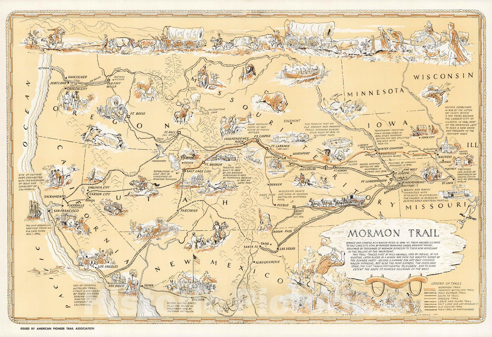 Mormon Trail - Pictorial Map, 1947 - Historical Map Reproduction