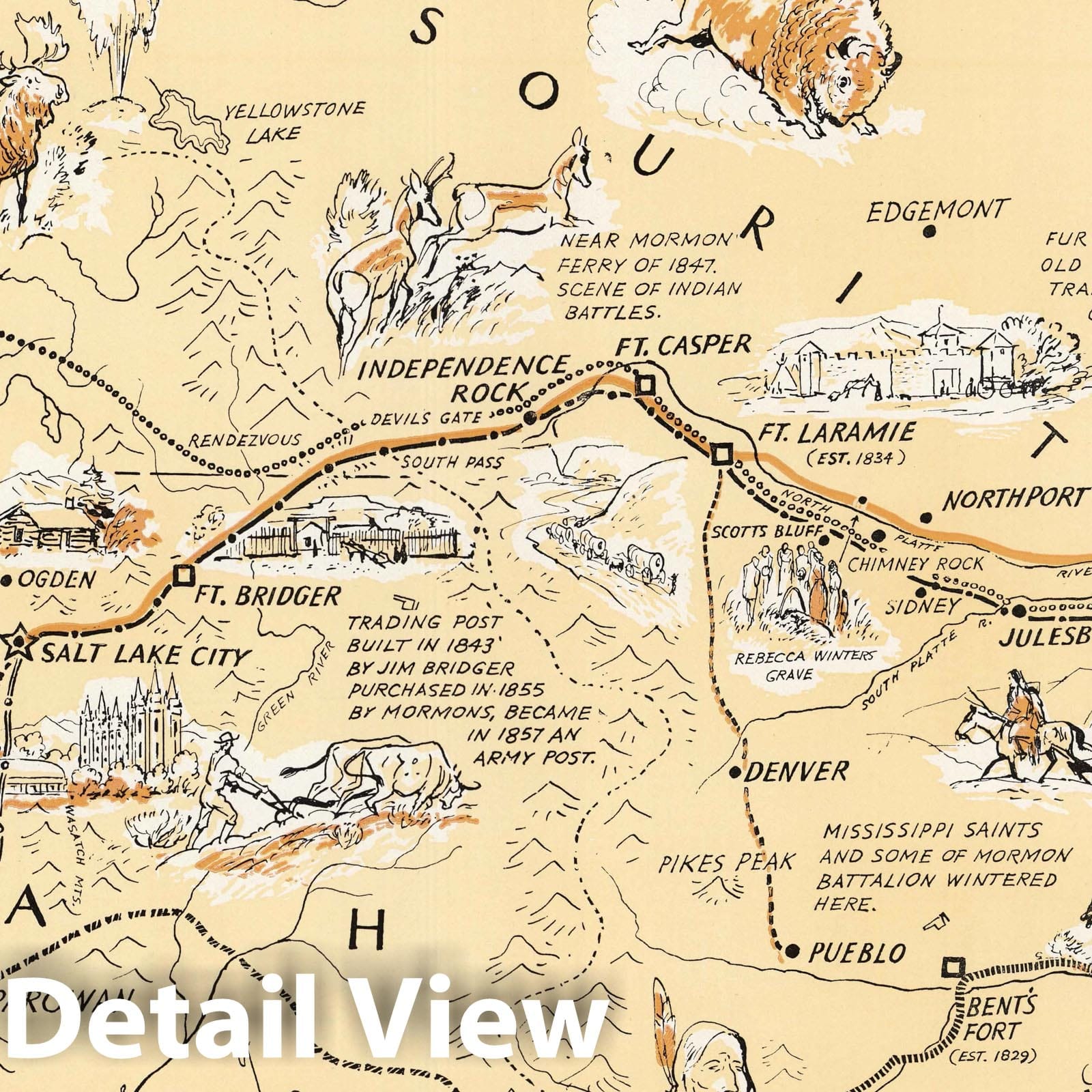 Mormon Trail - Pictorial Map, 1947 - Historical Map Reproduction