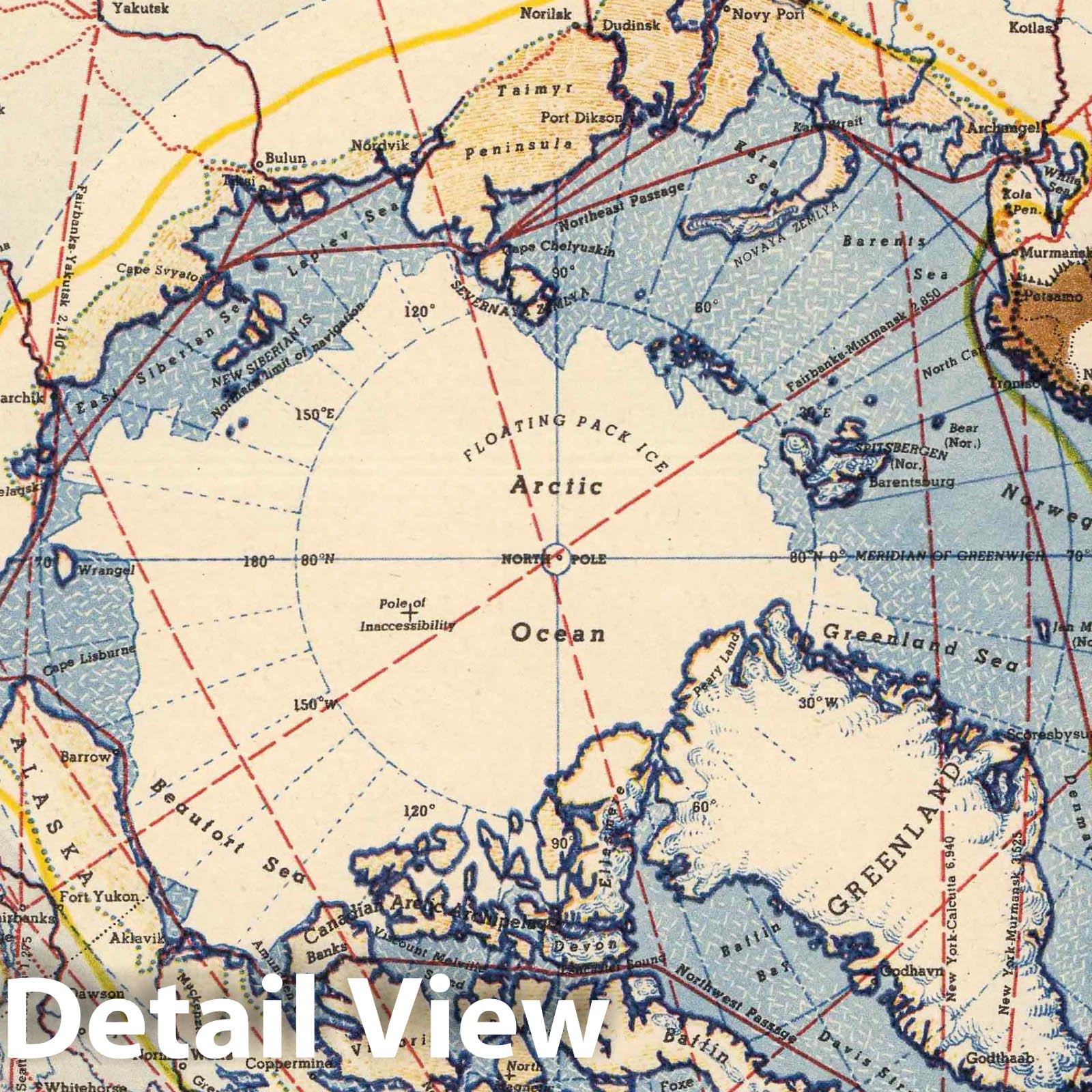 World War II: Arctic Arena - World Airline Routes, 1942 Historical Map Print