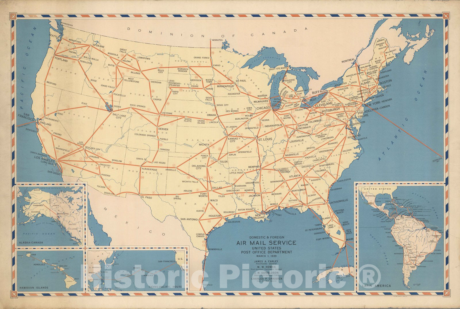 1939 United States Air Mail Service Map - Historical Postal Map Print