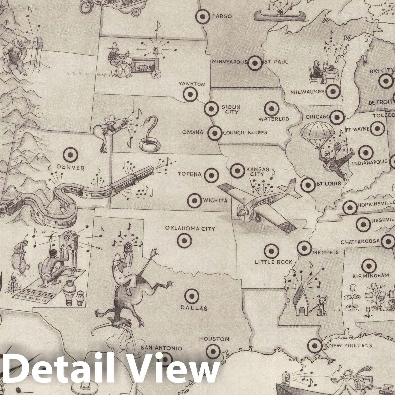 United States - Pictorial Map, 1930 - KOIN Radio Stations Historical Print