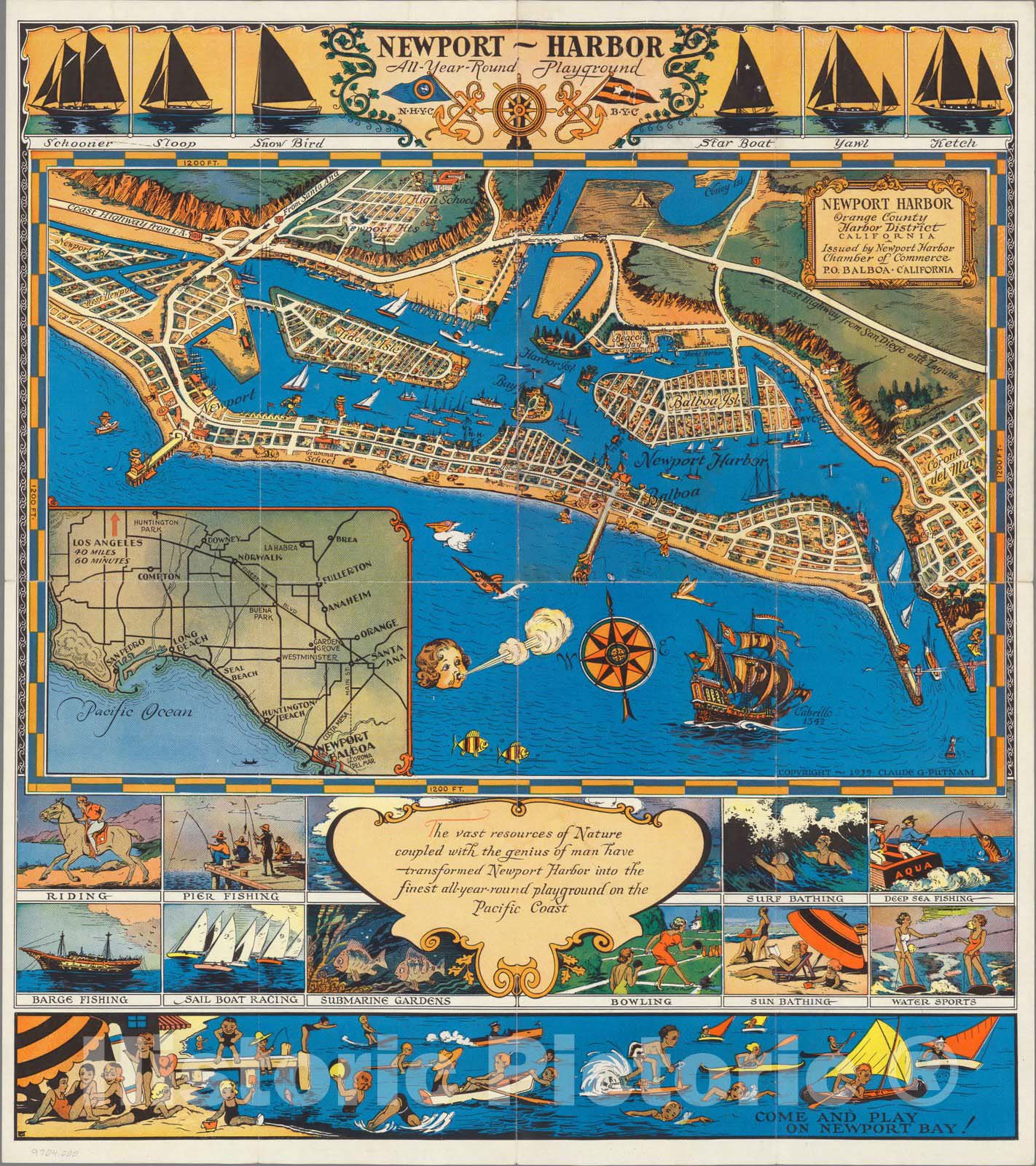 Newport Harbor, California - Pictorial Map, 1944