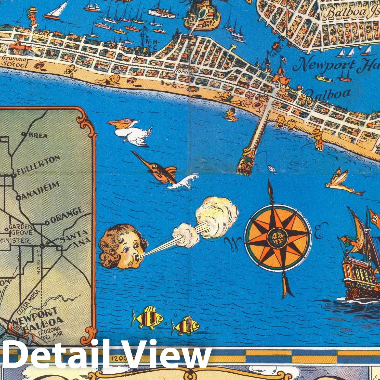Treasure Map Newport Harbor, Ocean and Bay, 1944 - Vintage Wall Art