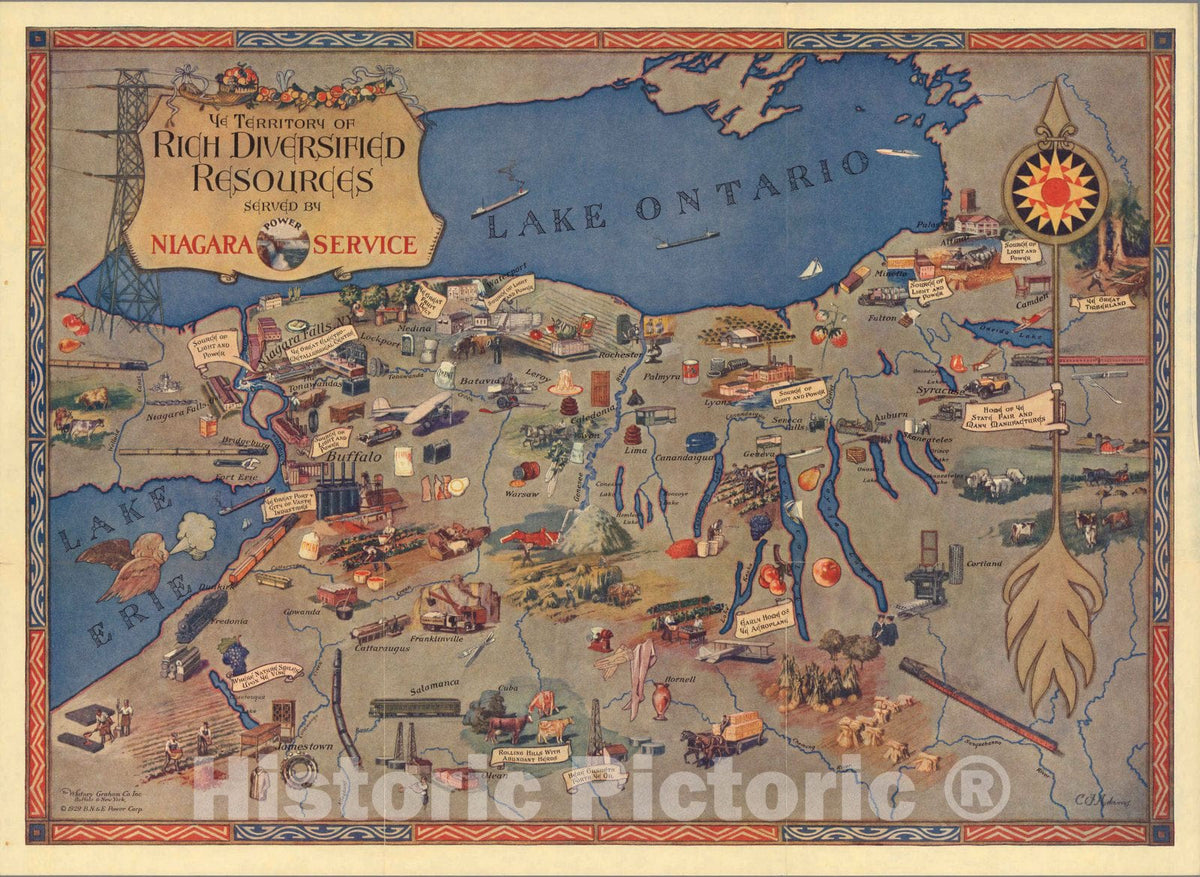 Historic Wall Map : Ye Territory of Rich Diversified Resources Served by Niagara Power Service. 1929 - Vintage Wall Art