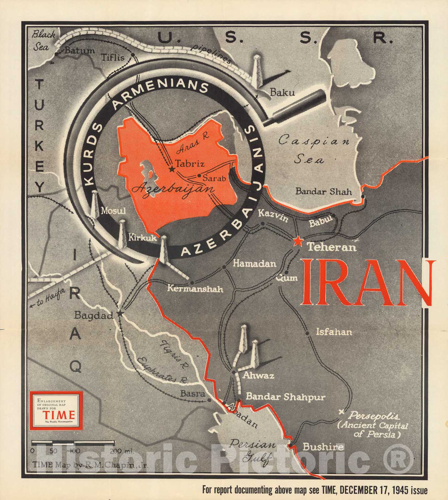 Historic Map : Azerbaijan and Iran. 1945 - Vintage Wall Art