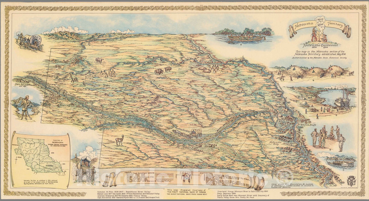 Historic Map : Nebraska Territory, May 1854. Nebraska Centennial, 1854-1954. 1954 - Vintage Wall Art