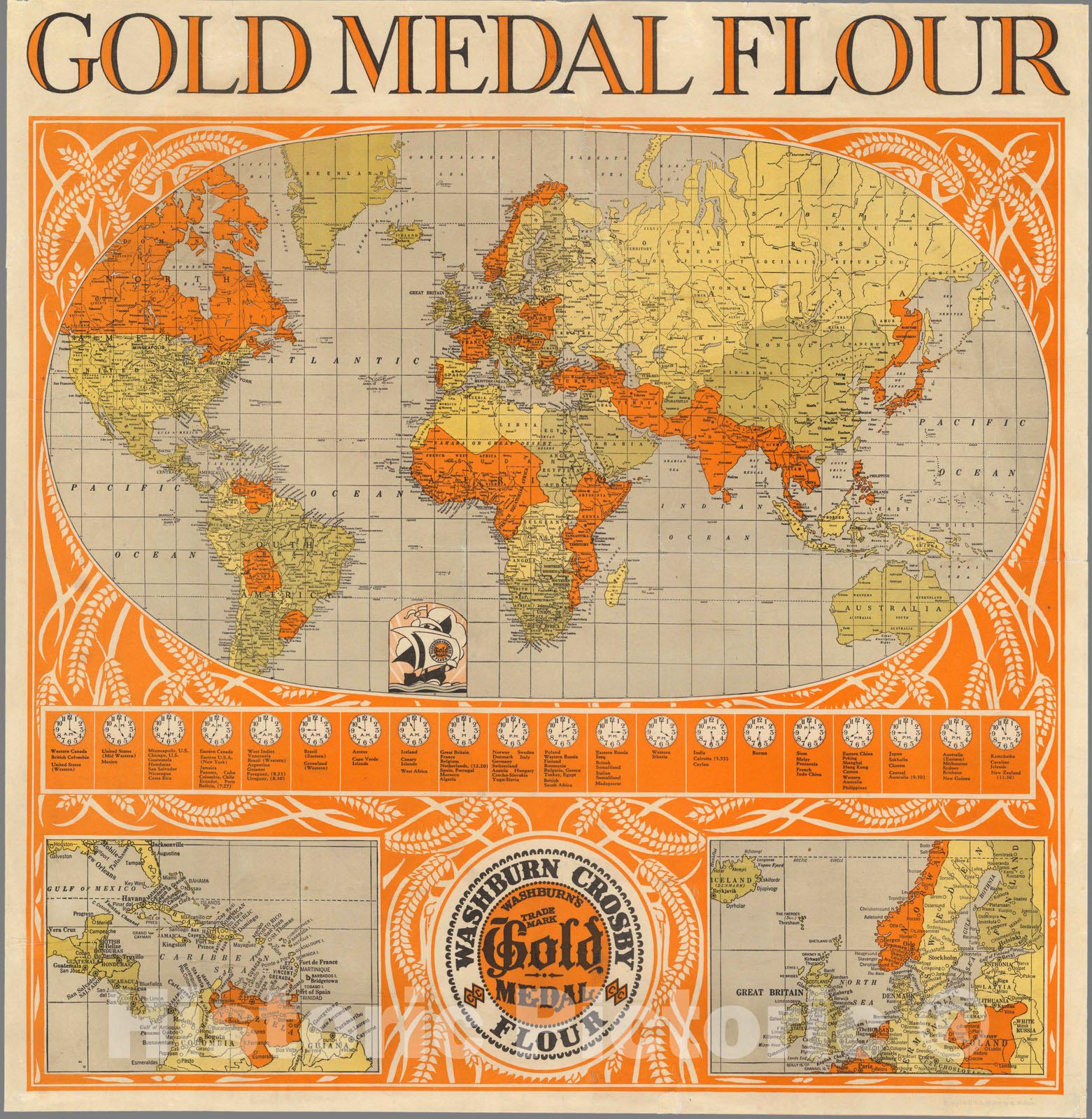 World Map 1929 - Historical Map Print with Time Zones