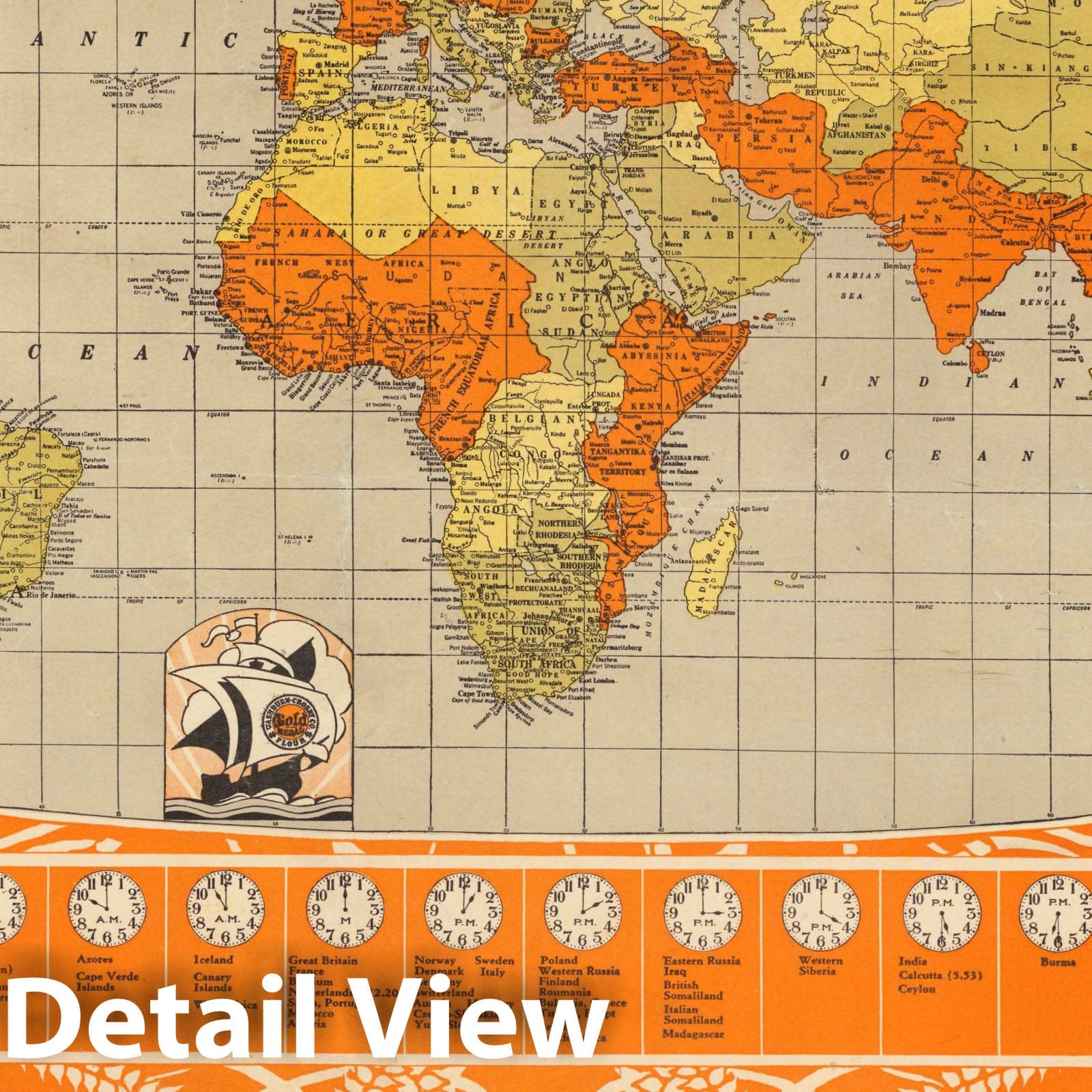 World Map 1929 - Historical Map Print with Time Zones