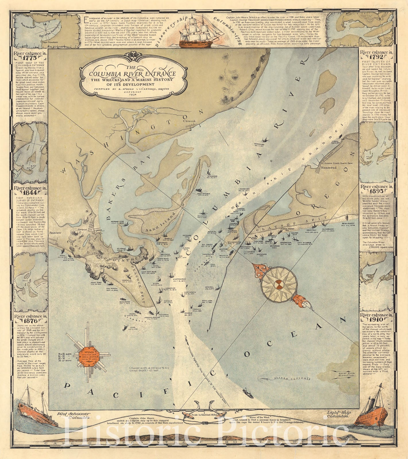 Historic Map : Columbia River Entrance, the Wrecks and a Marine History of its Development. 1936 - Vintage Wall Art