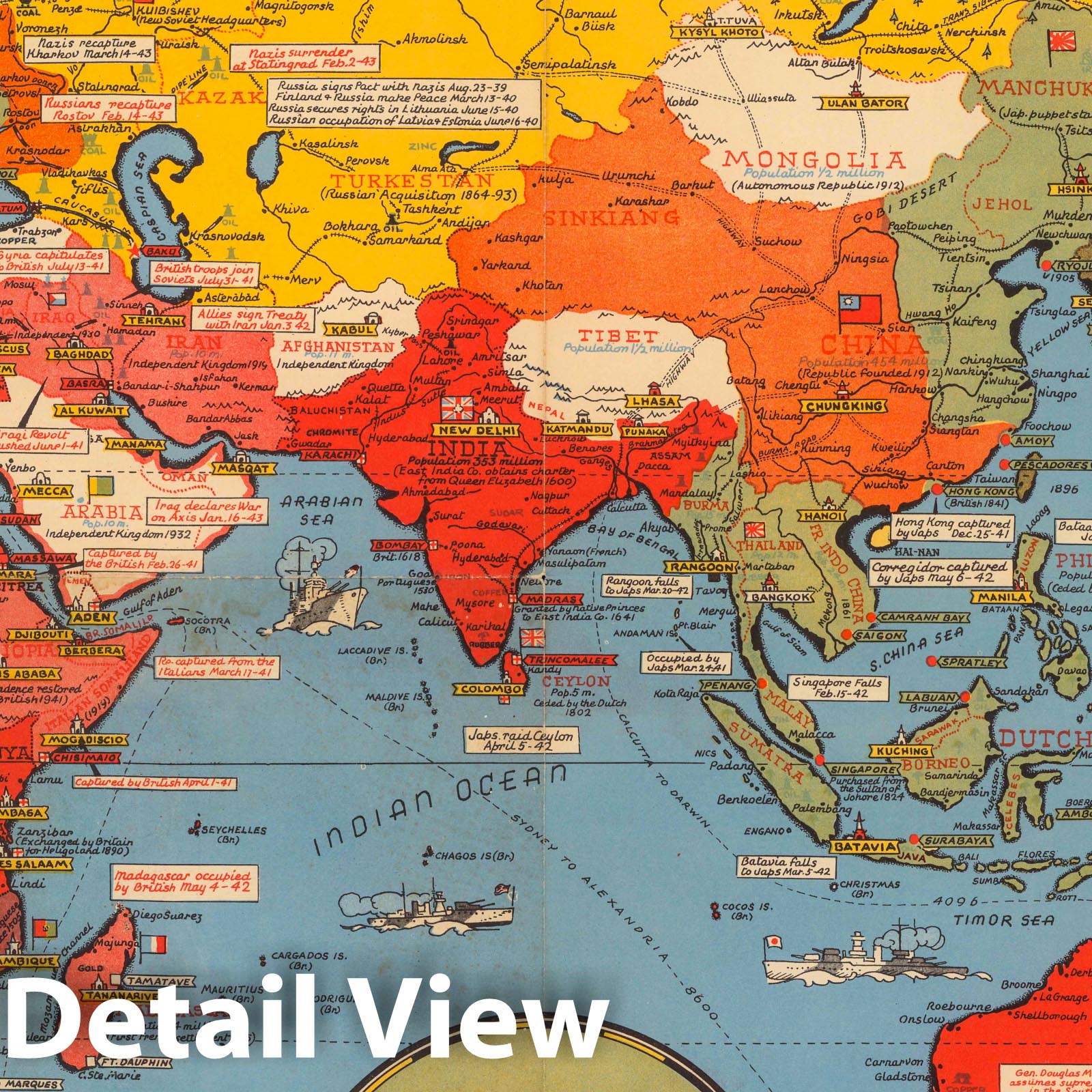 World War II: Global War Fronts - Pictorial Map, 1943