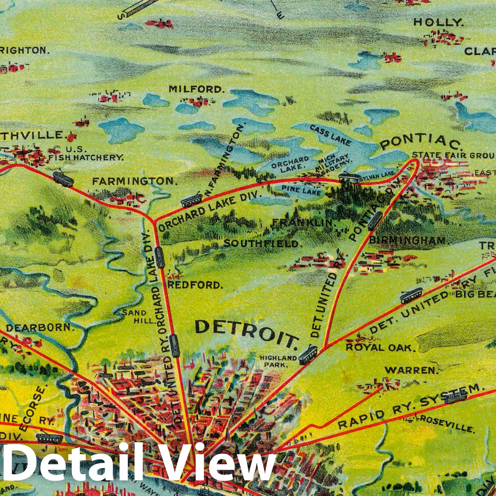 Detroit - Pictorial Map, 1920 - Detroit United Railway Interurban Lines